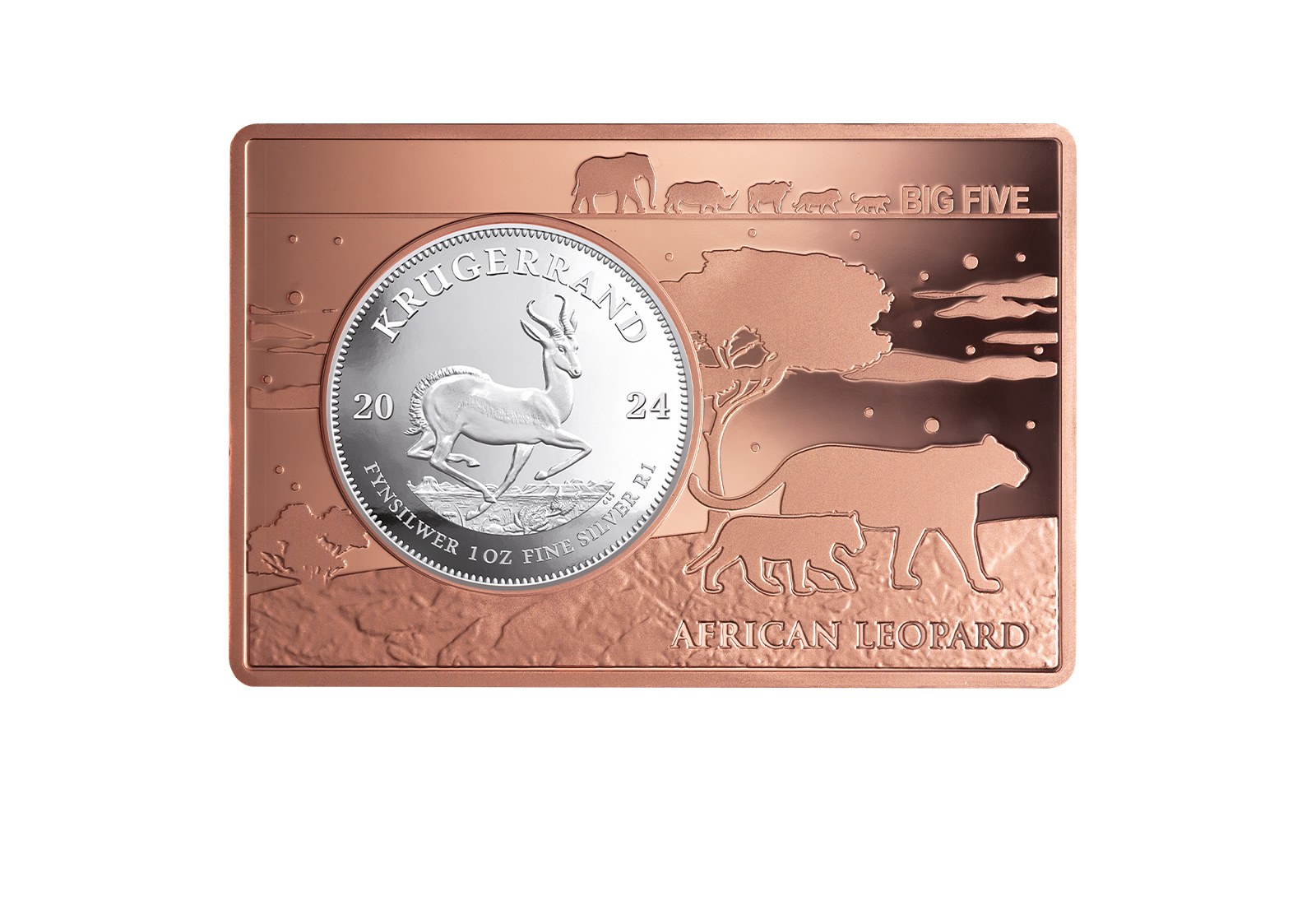 Krügerrand 1 oz Silber 2024 Südafrika eingefasst in einem Barren mit Motiv Leopard