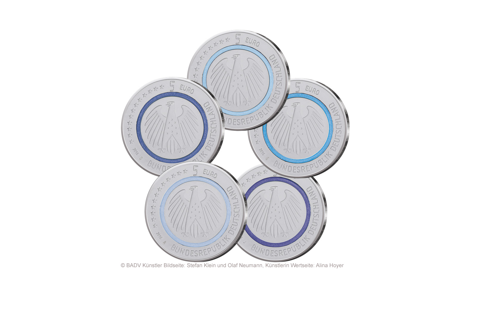 BRD 5 Euro 2016 Planet Erde mit blauem Polymer-Ring Prägestätten A - J