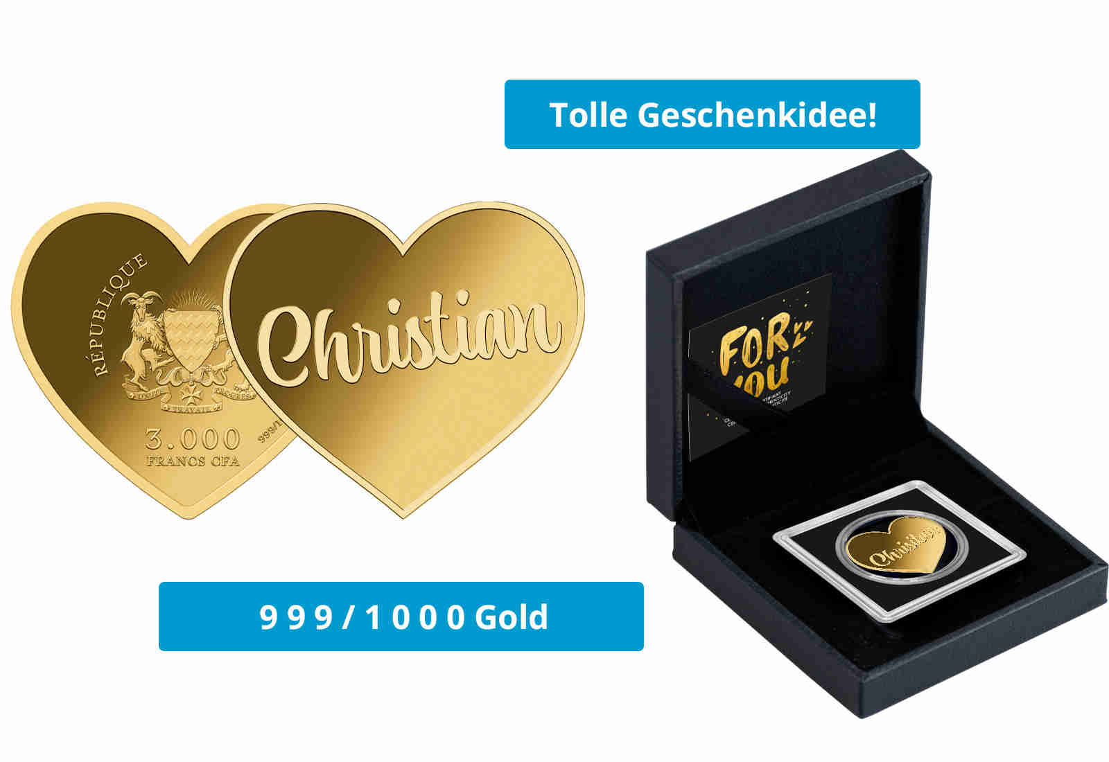 Goldmünze Motiv "Herz Christian" 999/1000 Gold im Geschenketui
