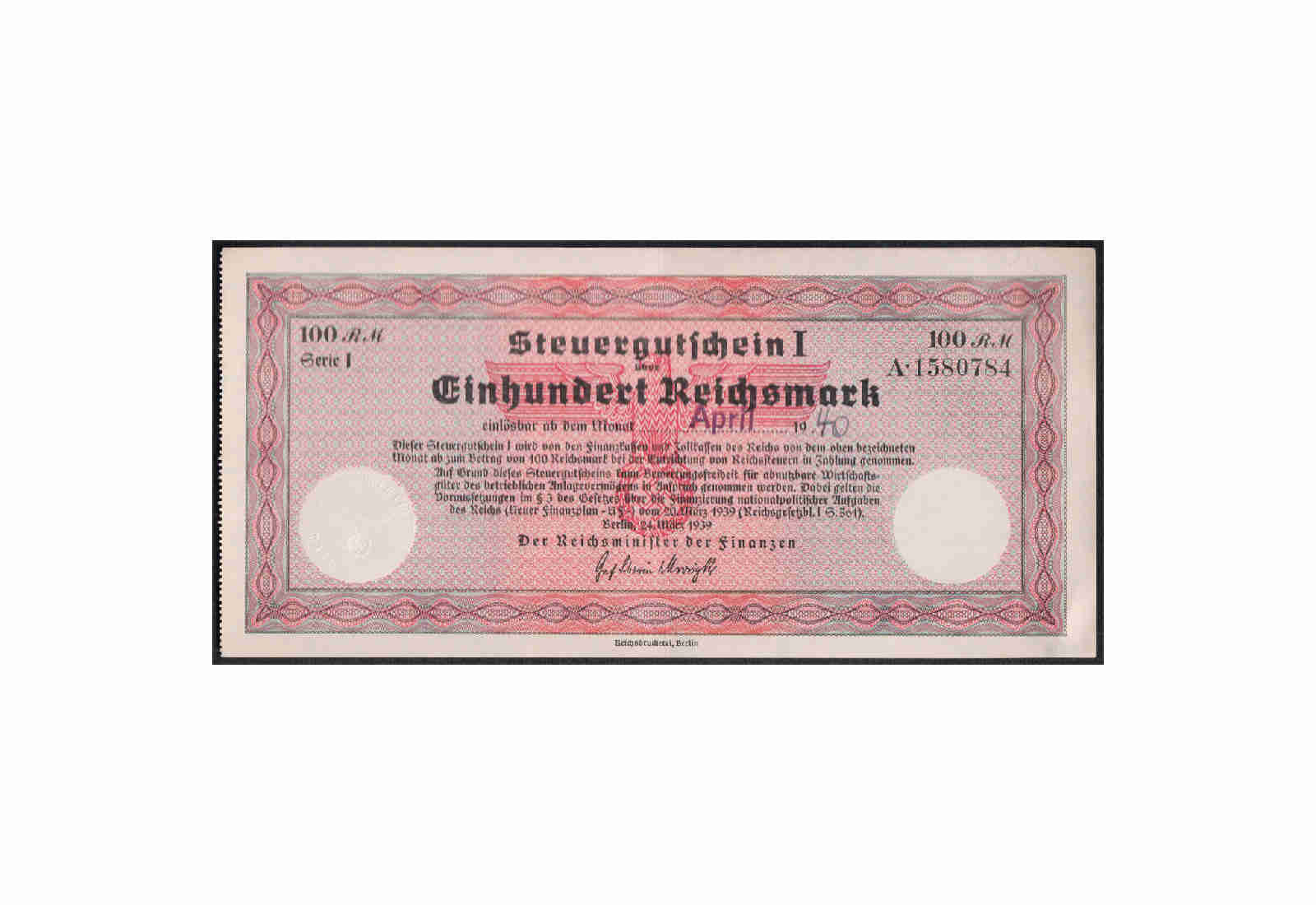 Deutsches Reich 100 Reichsmark Steuergutschein I 1939