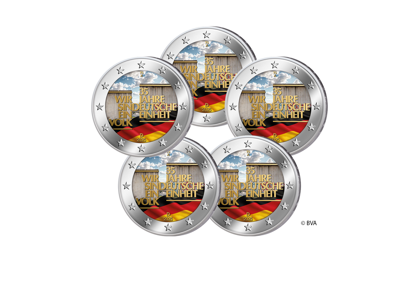 2 Euro 2025 Deutschland 35 Jahre Deutsche Einheit mit Farbapplikation Prägestätten A-J