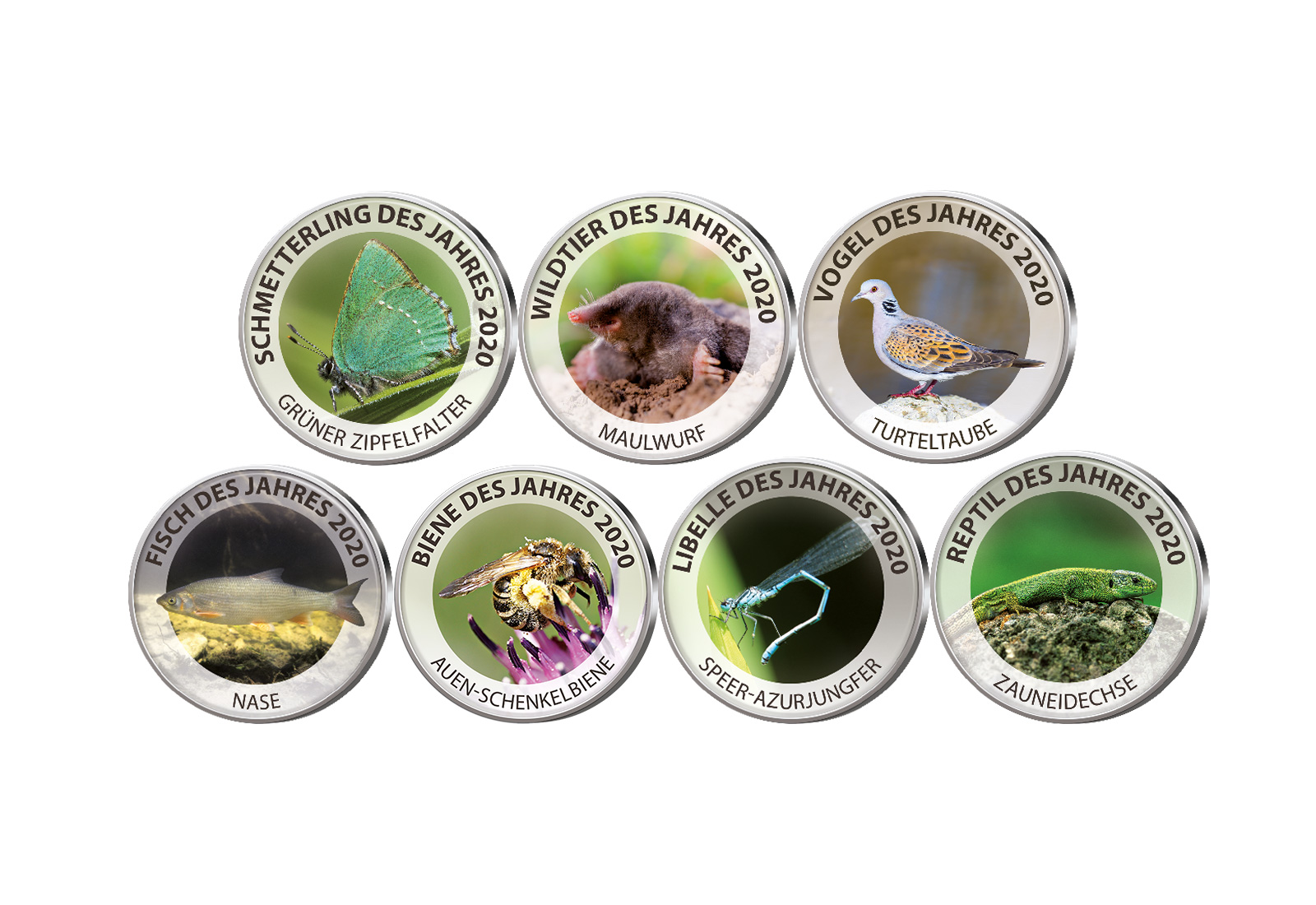 Tiere des Jahres 2020 7er Kollektion mit Farbapplikation im Etui inkl. Zertifikat