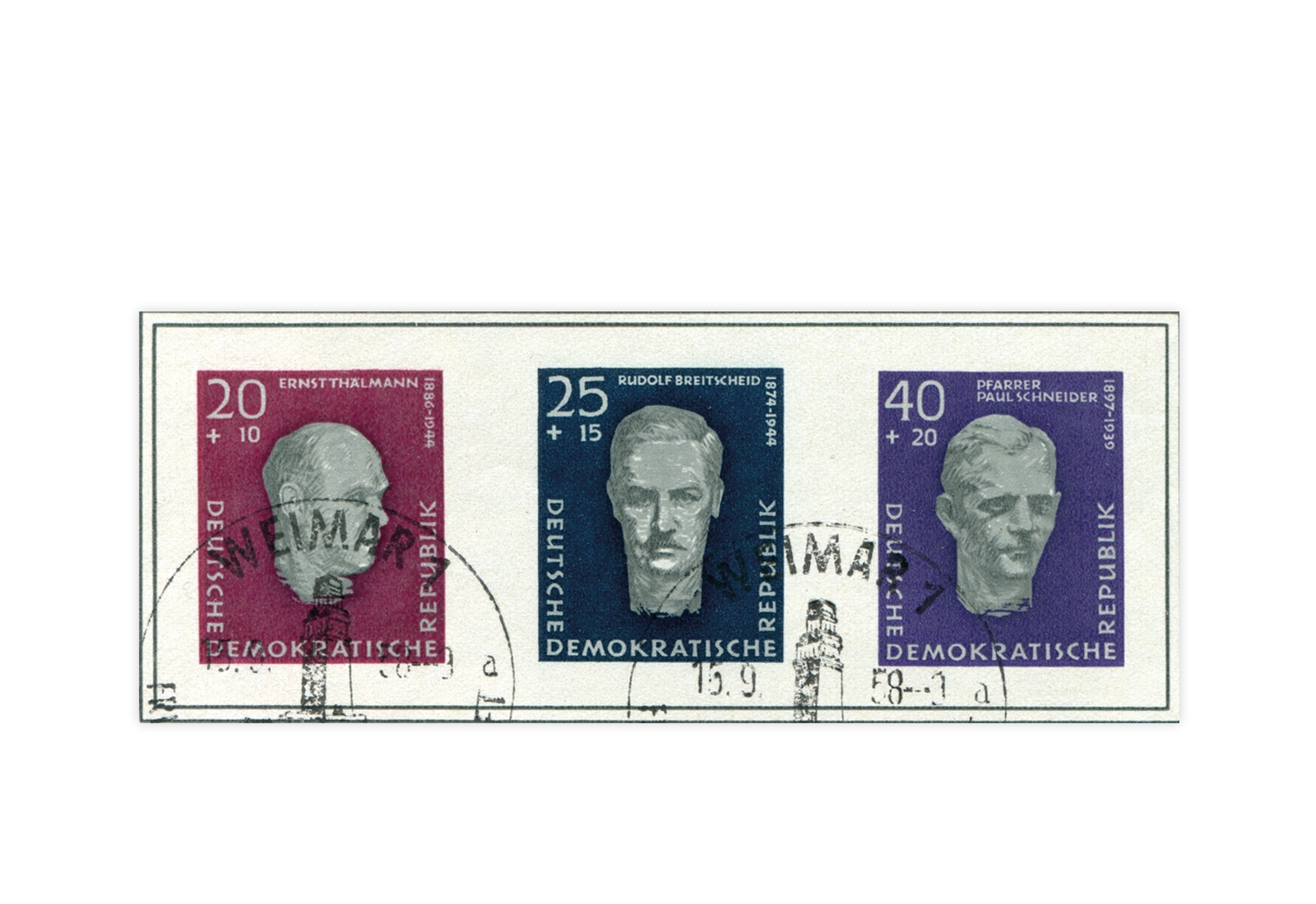 Briefmarken DDR Block Aufbau Nationaler Gedenkstätten 1957 Michel-Nr. 606-608 B gestempelt