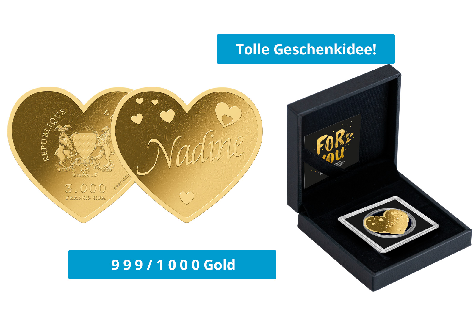 Goldmünze Motiv "Herz Nadine" 999/1000 Gold im Geschenketui