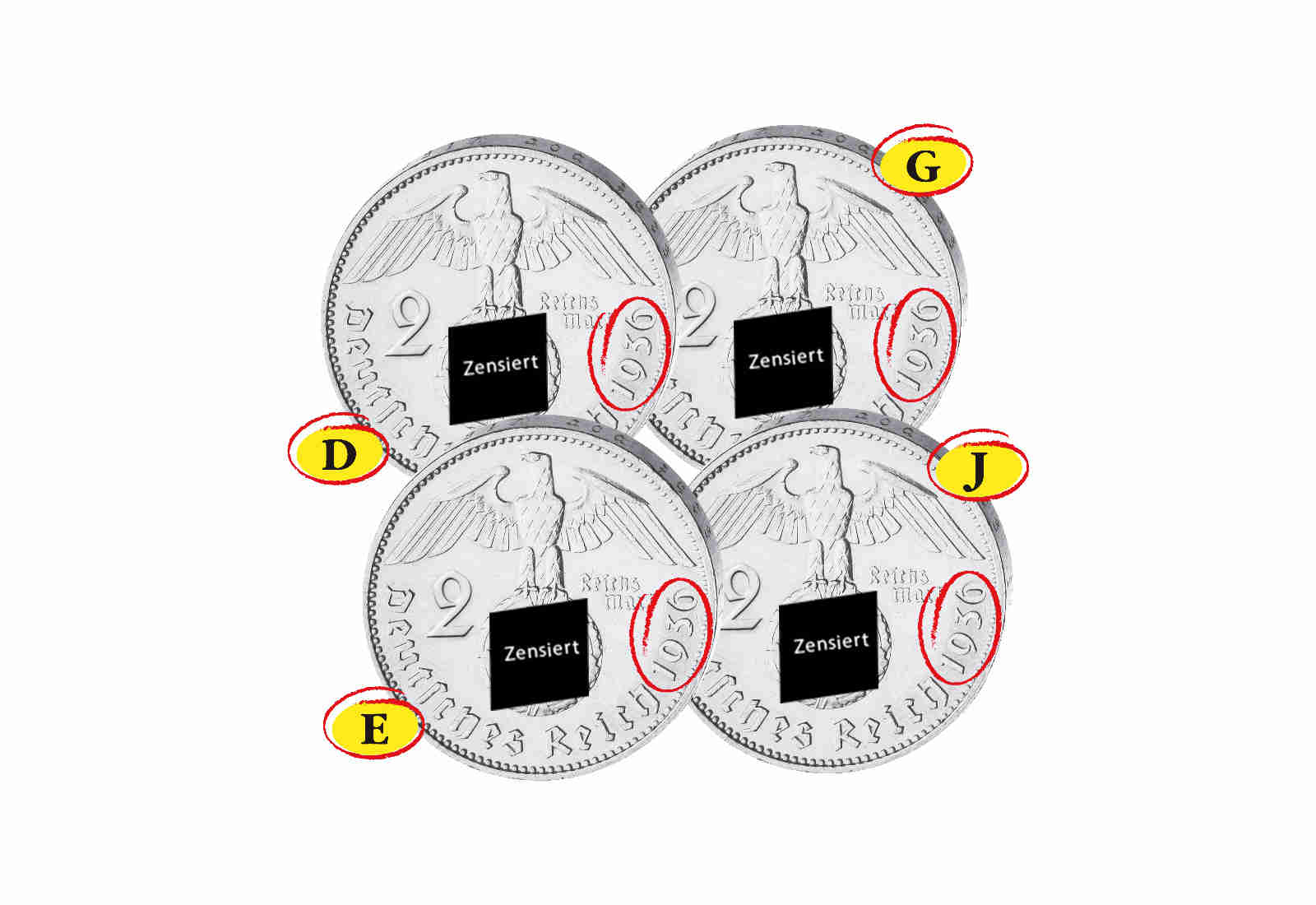 2 Reichsmark 1936 Drittes Reich Hindenburg 4er Set Jaeger-Nr. 366