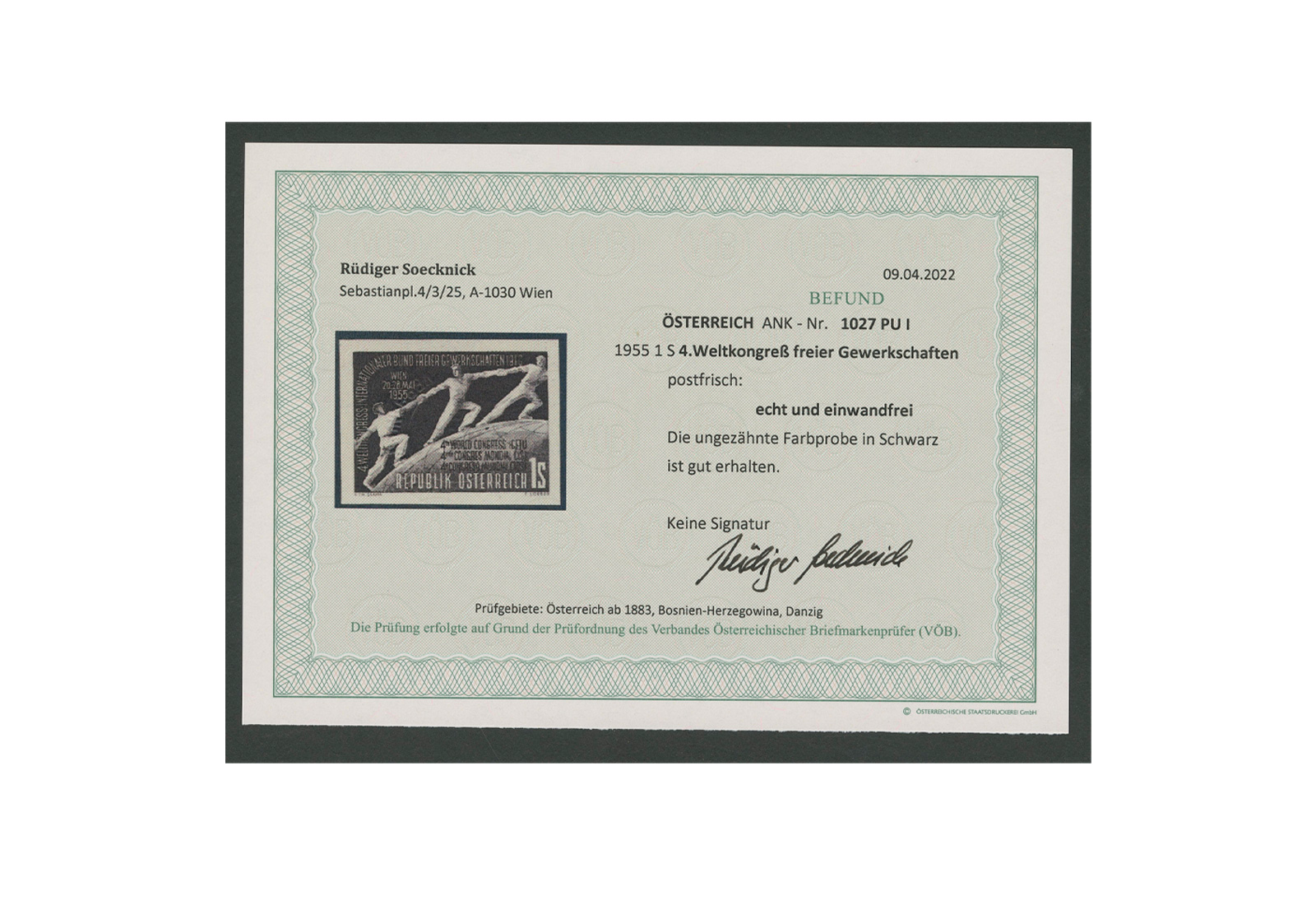Österreich Farbprobe ungezähnt schwarz mit Befund ANK 1027 PU I**