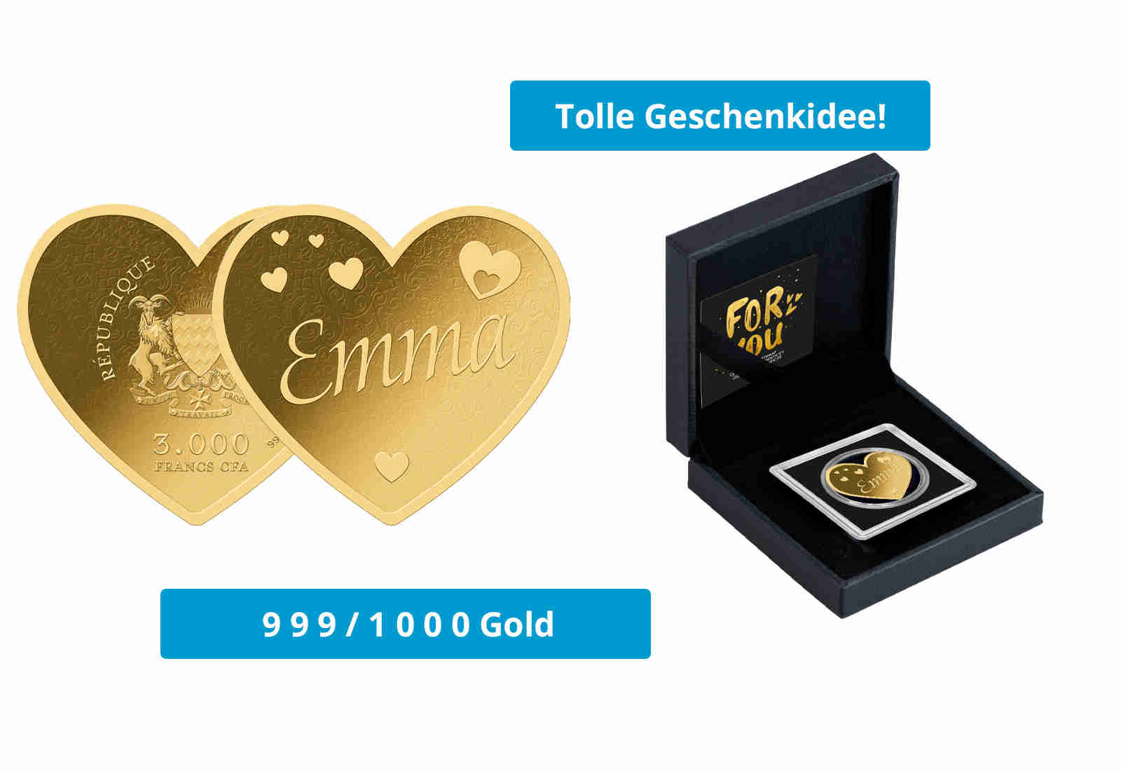 Goldmünze Motiv "Herz Emma" 999/1000 Gold im Geschenketui