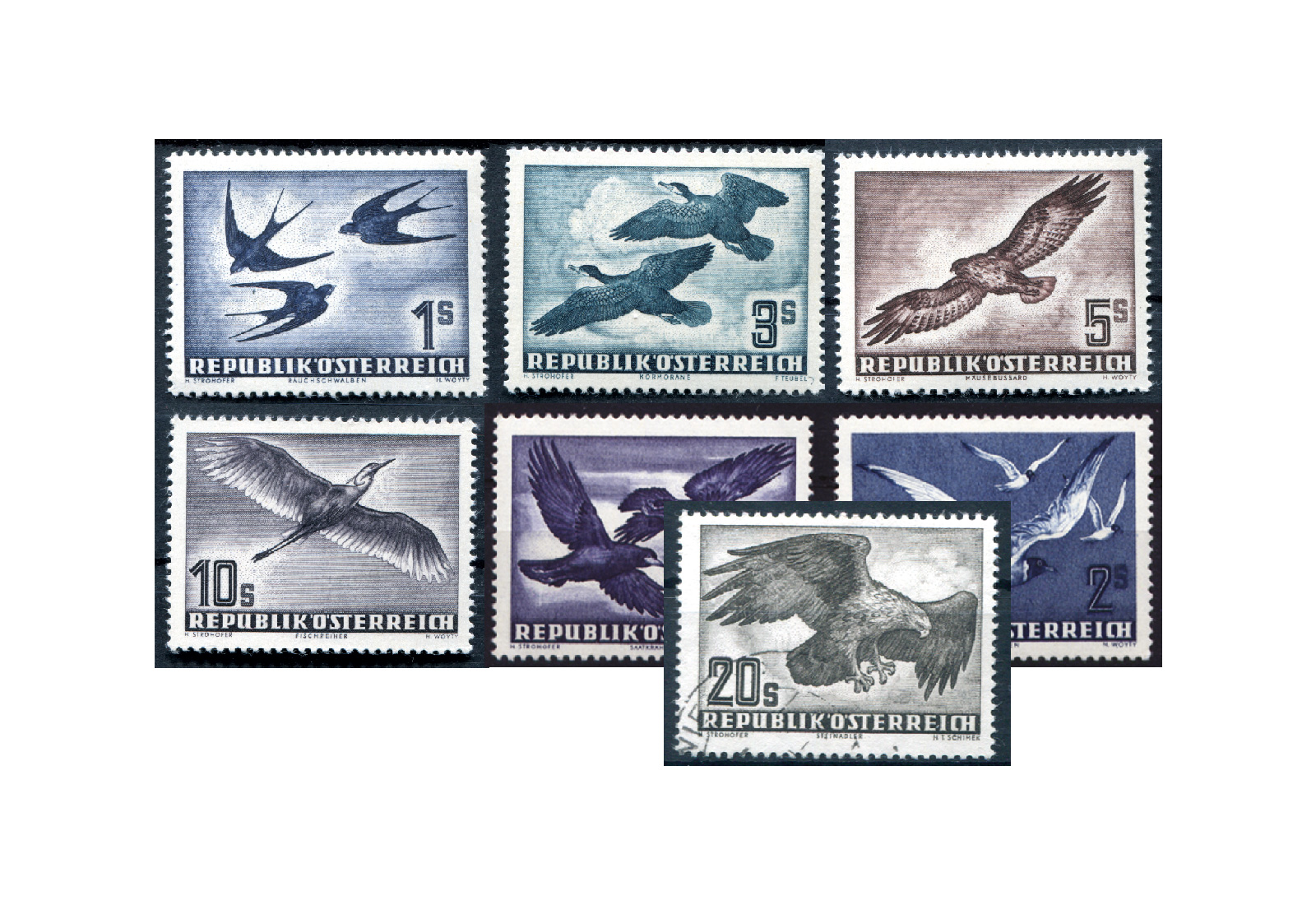 Österreich Vögel im SET: Mi.Nr. 984/87 plus Mi.Nr. 955/56 und Mi.Nr. 968 gestempelt