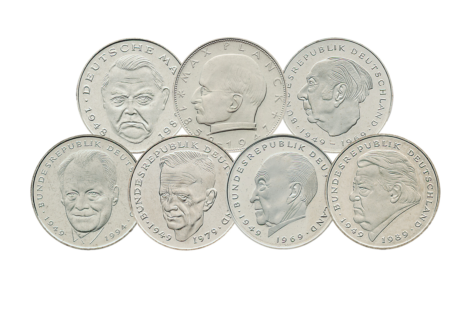 7er-Set BRD 2 Mark Gedenkmünzen bedeutende Persönlichkeiten der Bundesrepublik
