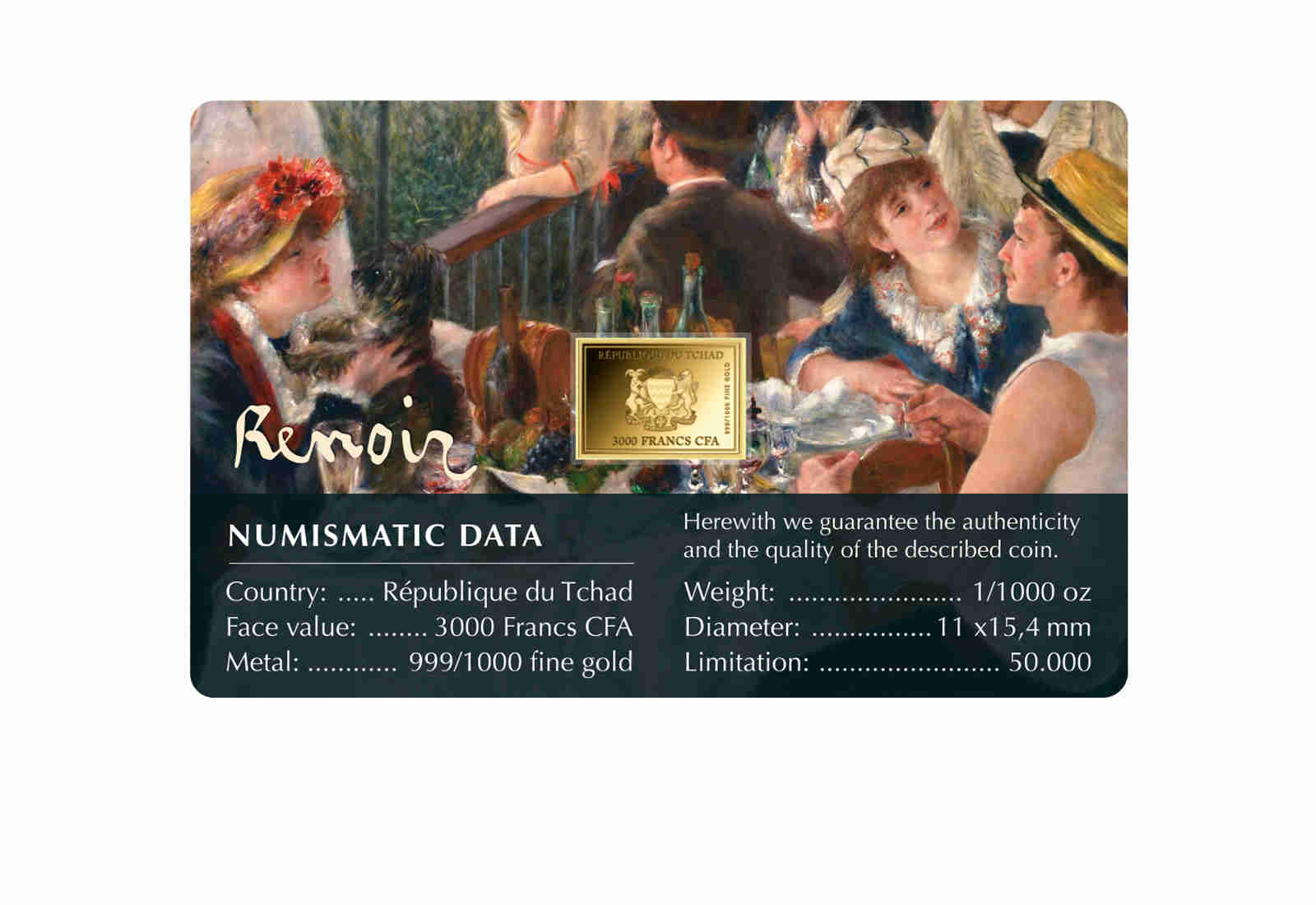 Goldmünze Motiv "Das Frühstück der Ruderer - Renoir" Coincard 999/1000 Gold Geschenk