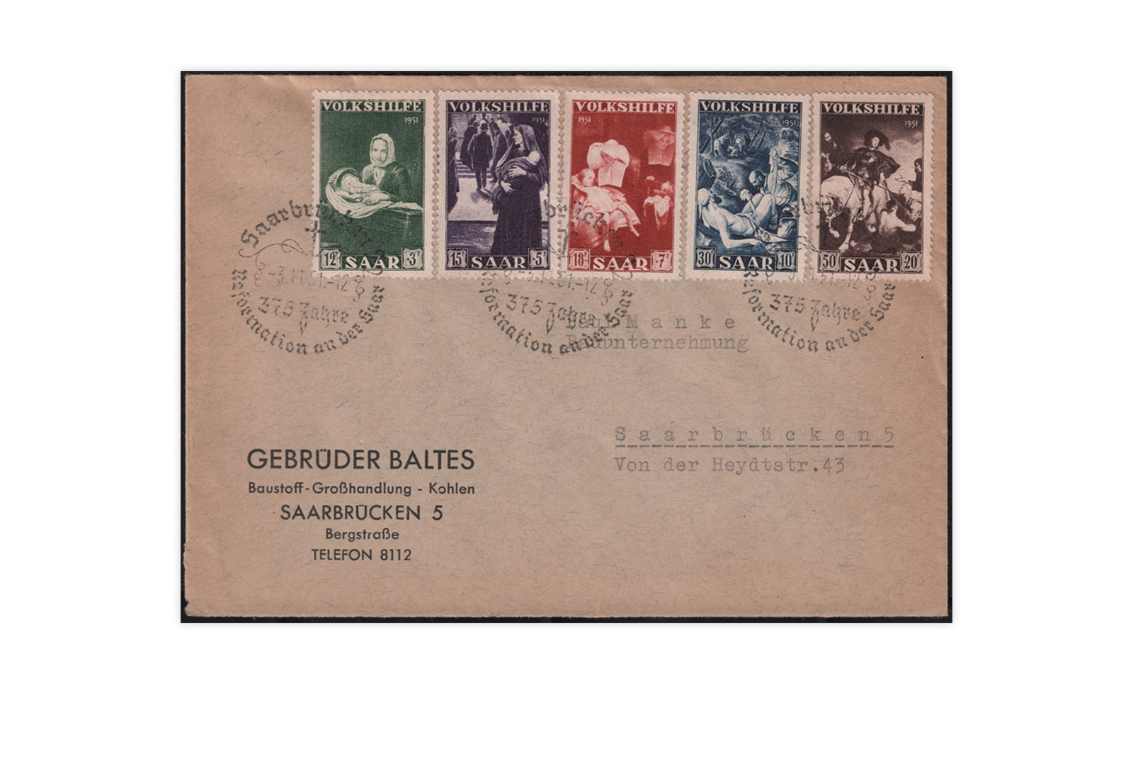 Saar Mi.Nr. 309/313 auf FDC Volkshilfe 1951