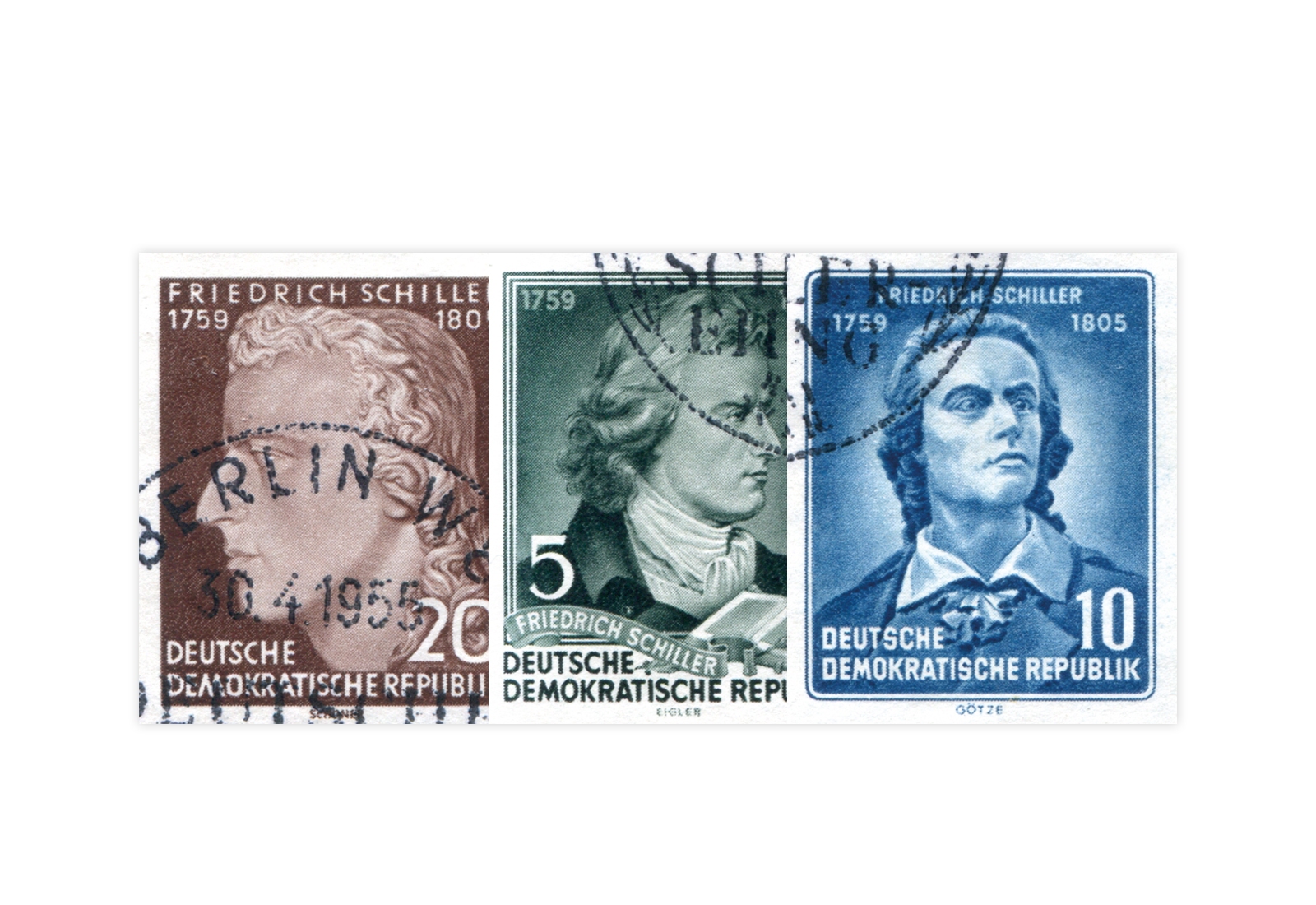 Briefmarken DDR Block 150. Todestag von Friedrich Schiller 1955 Michel-Nr. 464-466 B gestempelt