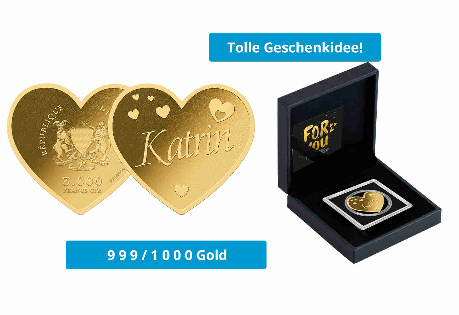 Goldmünze Motiv "Herz Katrin" 999/1000 Gold im Geschenketui