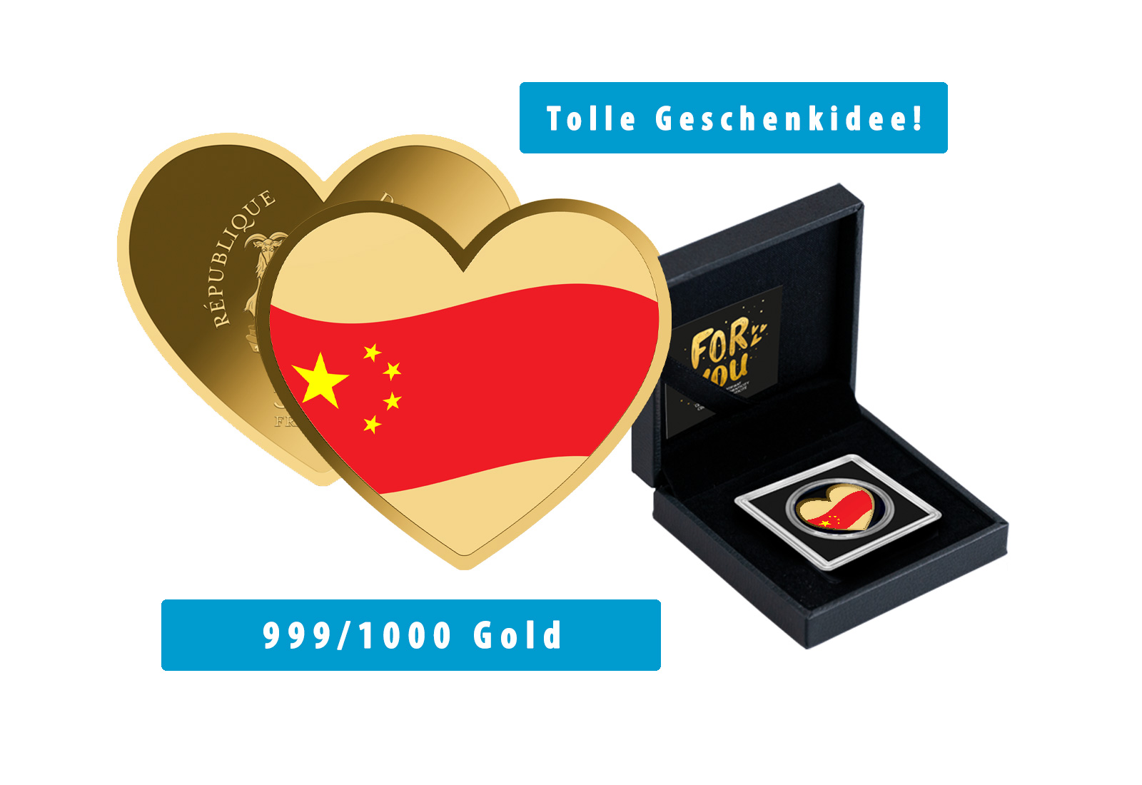 Goldmünze Motiv "Ein Herz für China" 999/1000 Gold im Geschenketui
