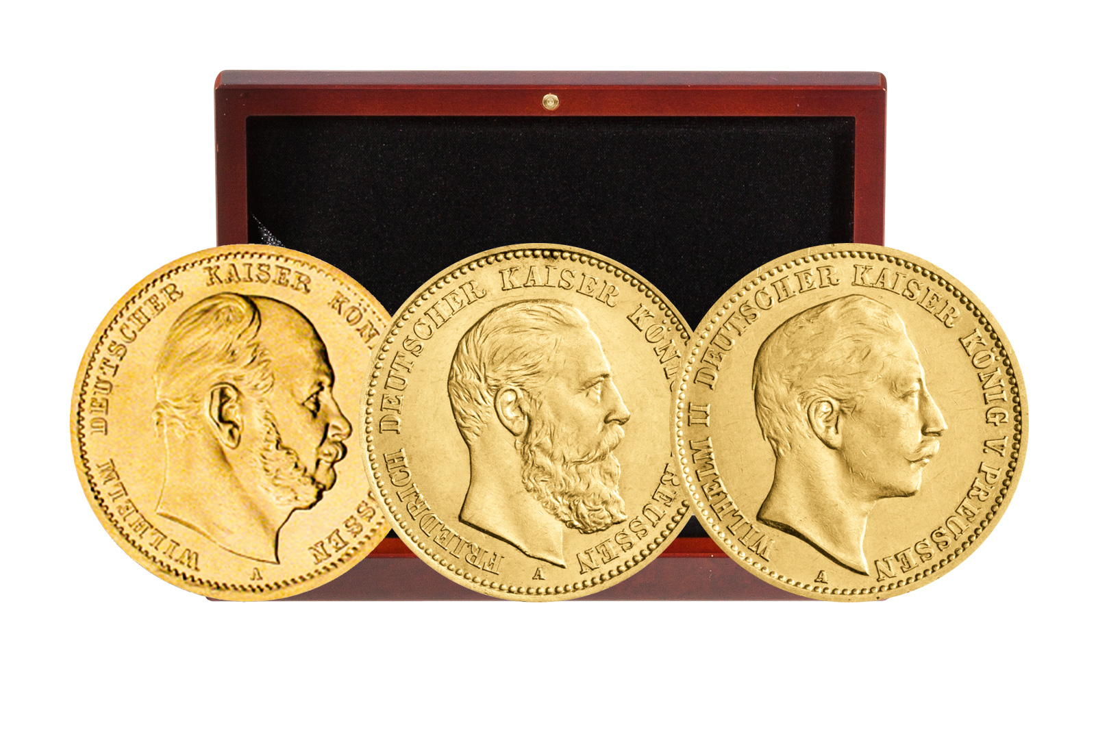 3er Set 10 Mark Goldmünze Preußen Wilhelm I., Wilhelm II. und Friedrich III. Jaeger-Nr. 245, 247 und 251