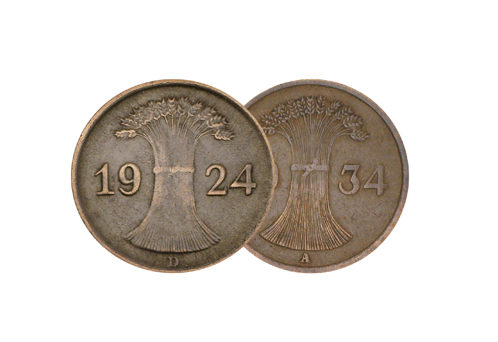 1 Rentenpfennig und 1 Reichspfennig 1923-1936 Weimarer Republik Prägestätte A Jaeger Nr. 306 und 313