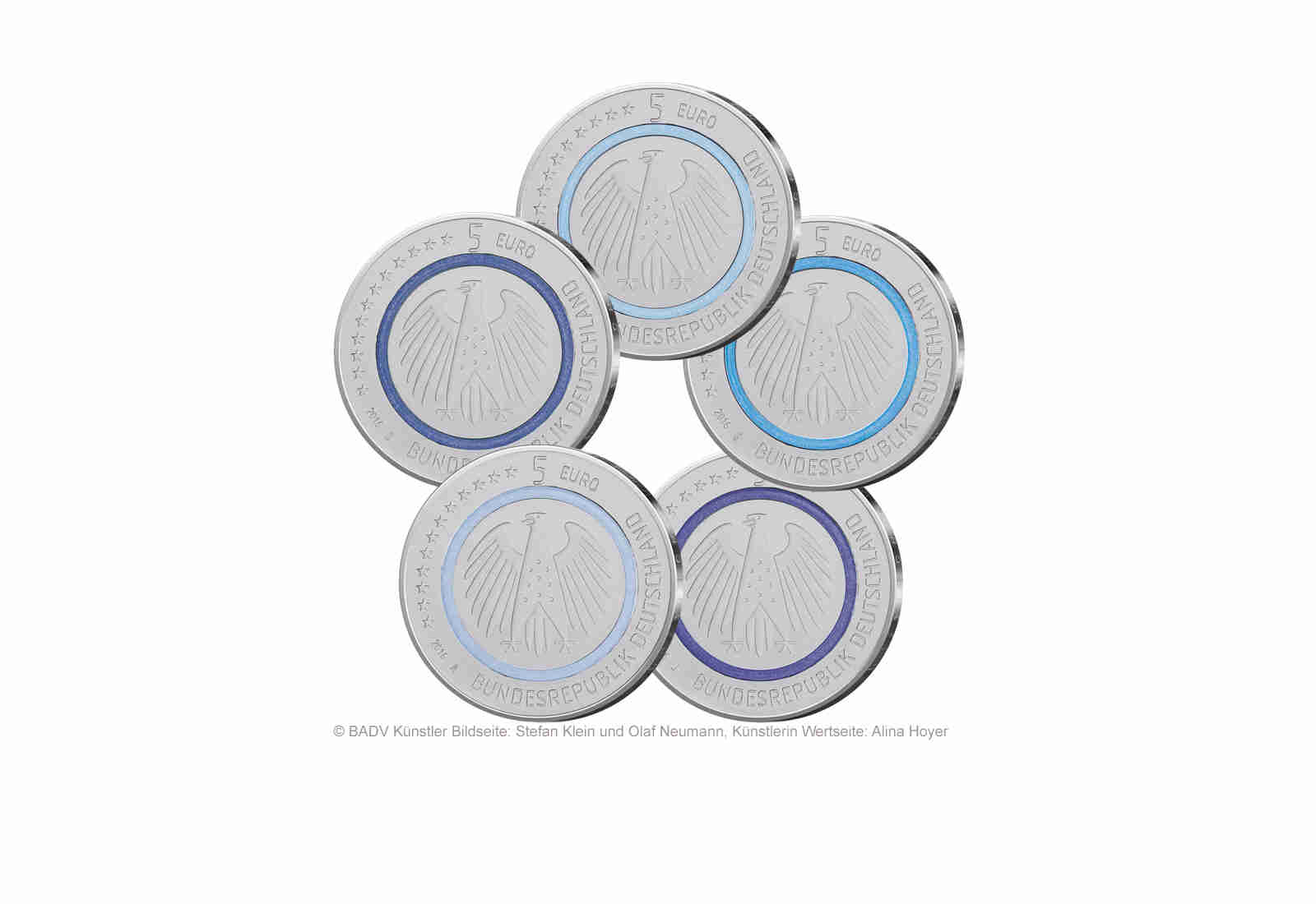 BRD 5 Euro 2016 Planet Erde mit blauem Polymer-Ring Prägestätten A - J