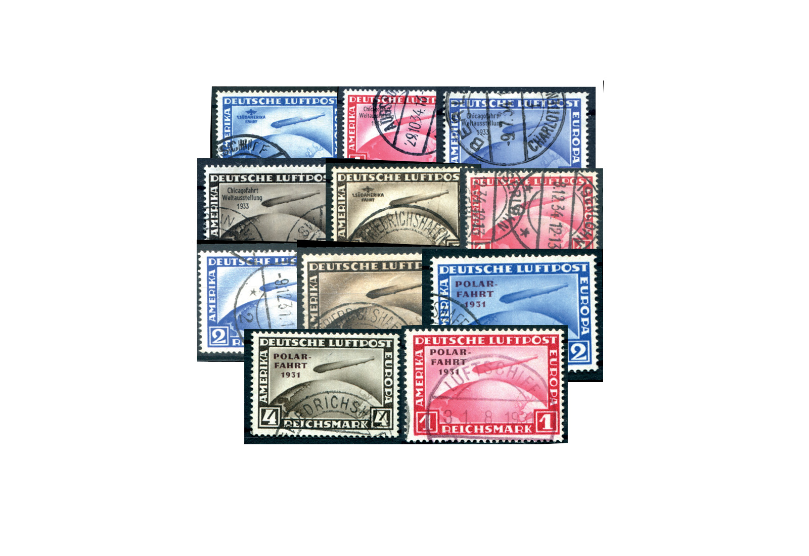 Briefmarken Deutsches Reich 1928-1933 Zeppeline Michel-Nr. 423-424,455,438-439,456-458,496-498 gestempelt