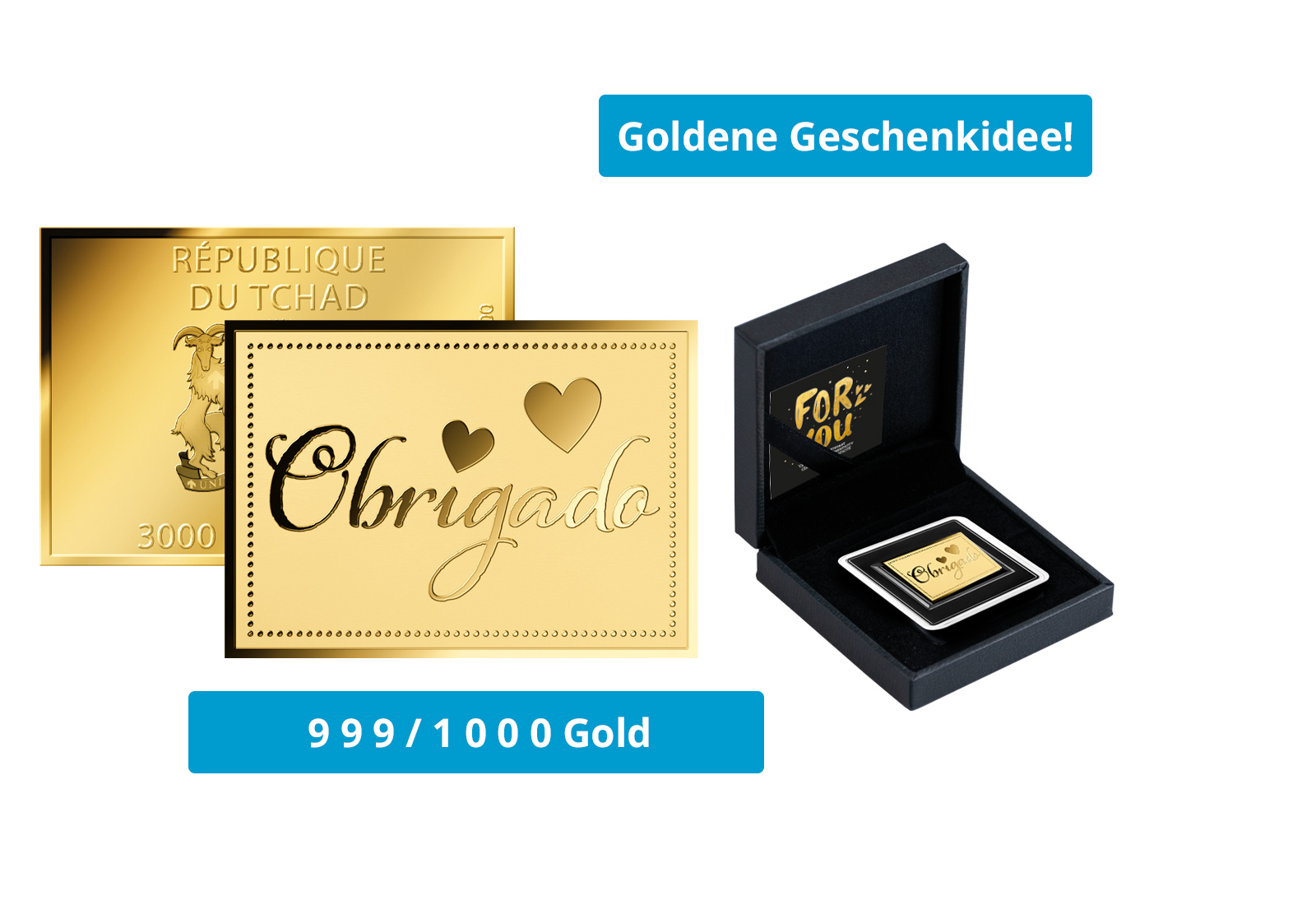Goldmünze Motiv "Obrigado" 999/1000 Gold Geschenk