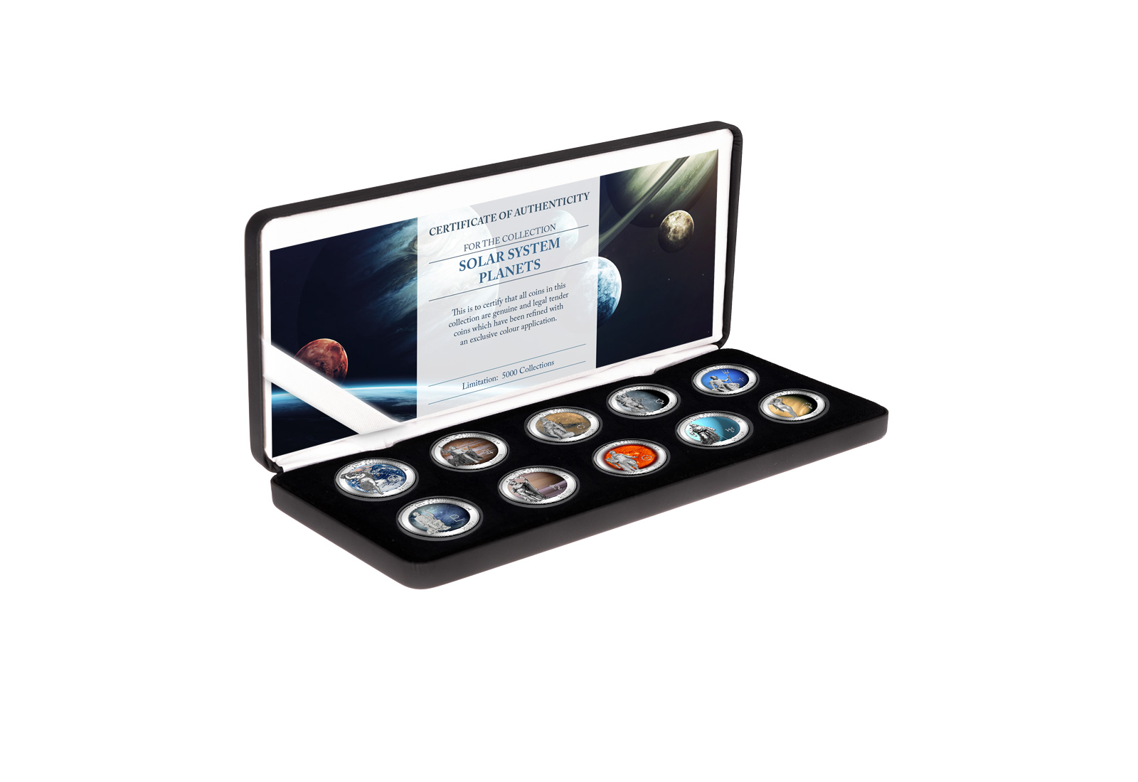 Planetensystem 10er Kollektion mit Farbmotiv im Etui inkl. Zertifikat