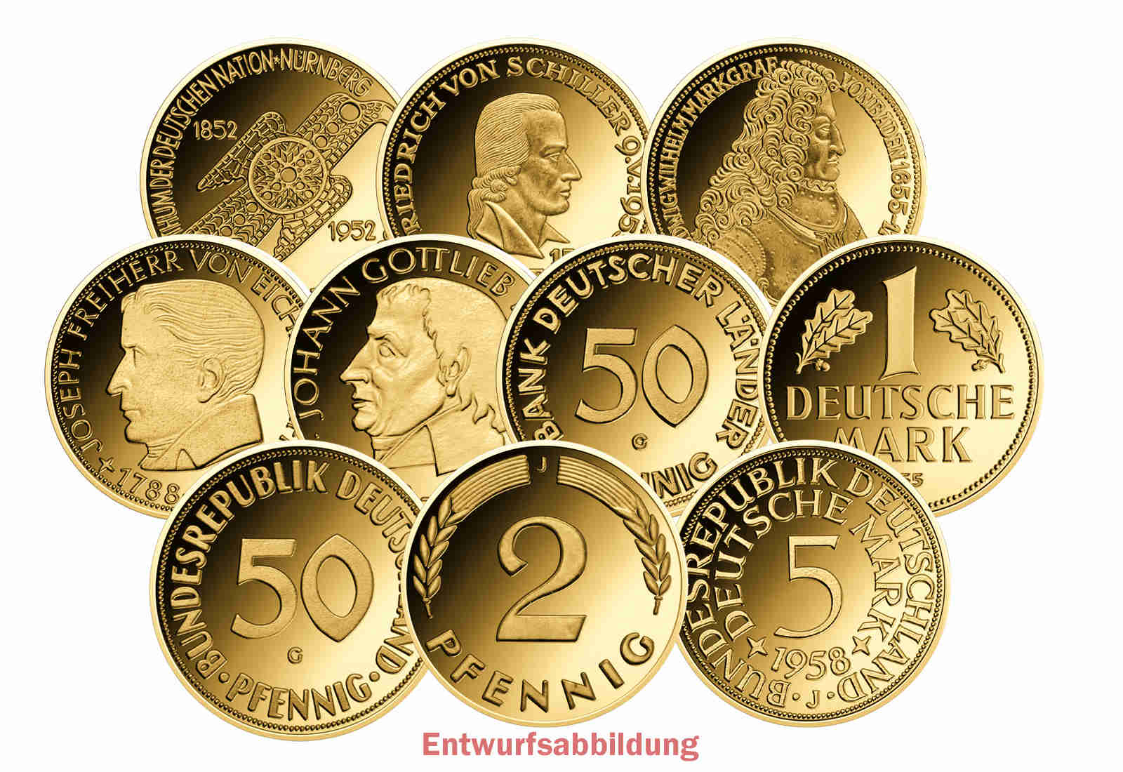 Goldausgaben Motive D-Mark-Neuprägungen aus 999/1000 Gold