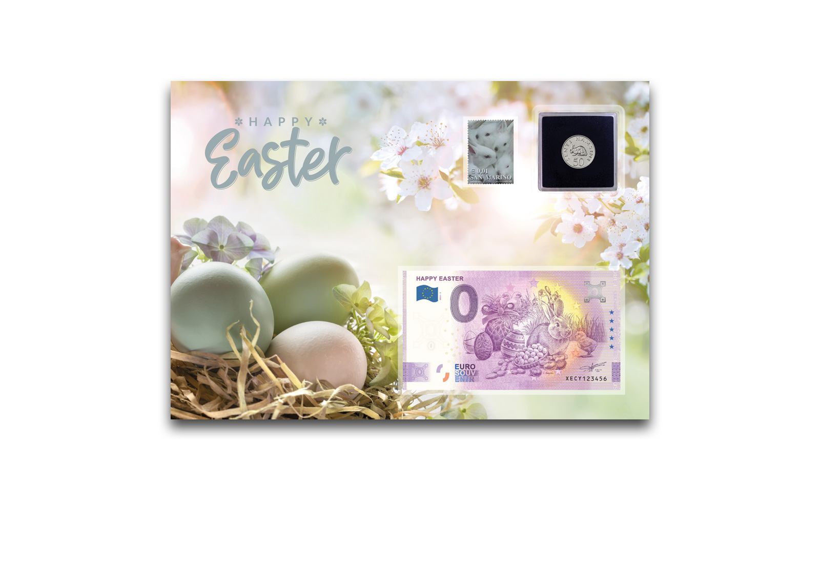 Oster-Blisterkarte inkl. 50 Senti aus Tansania, Banknote und Briefmarke