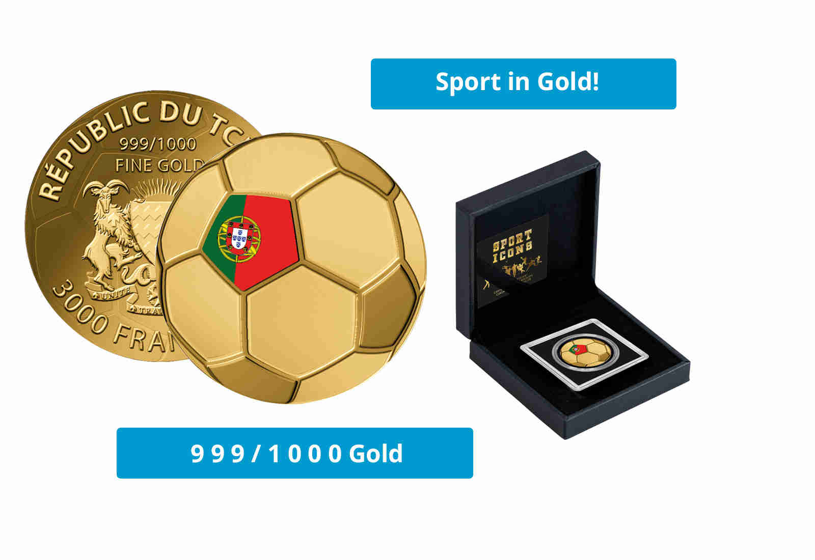 Goldmünze Motiv "Fußball Portugal" 999/1000 Gold im Geschenketui