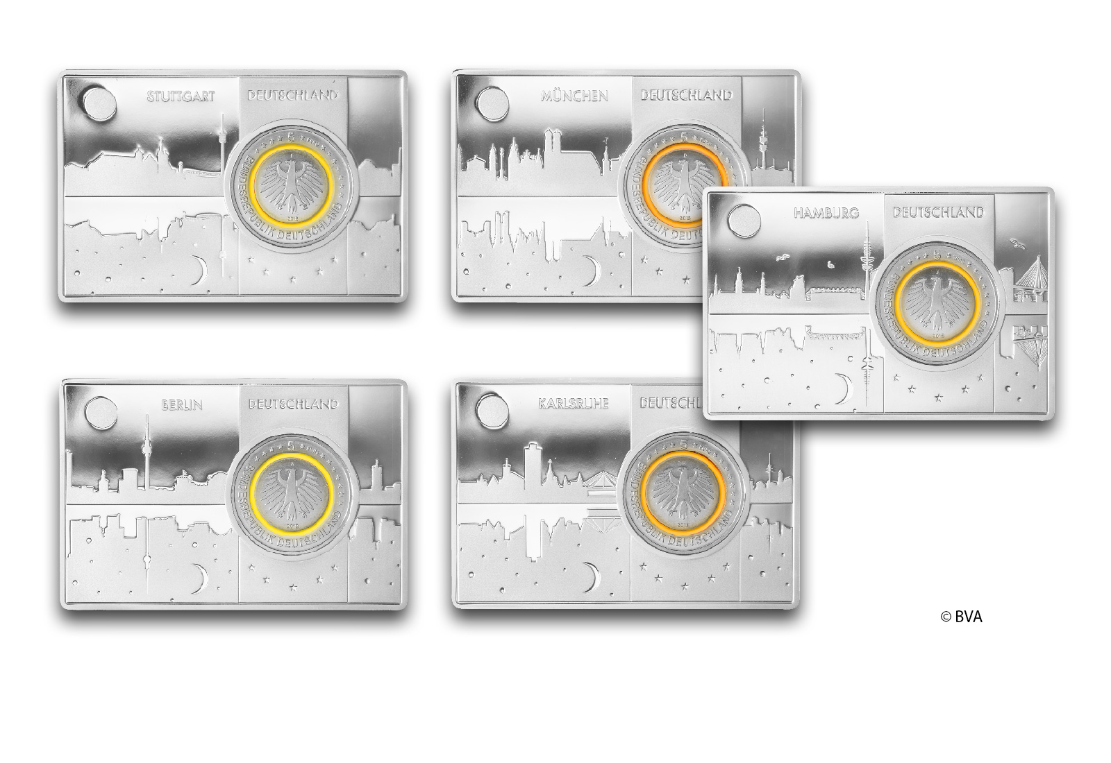 5 Euro 2018 Deutschland Subtropische Zone A-J im Set eingefasst in einem Barren