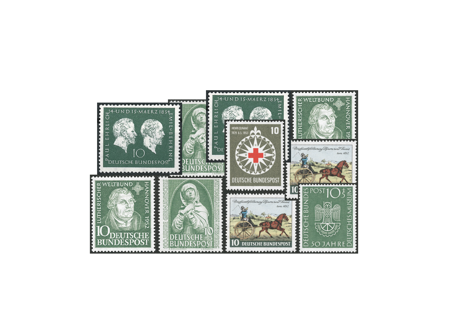 Briefmarken BRD Die grünen 10er Set Michel-Nr. 149, 151, 160, 163, 164 und 197 gestempelt