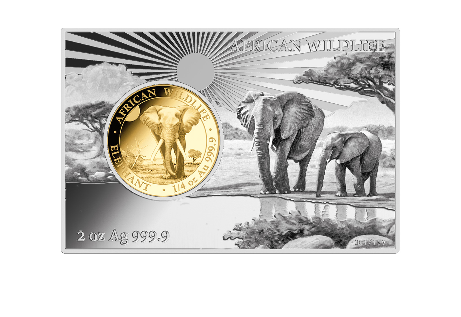 African Wildlife 2025 Elefant 1/4 oz Gold eingefasst in 2 oz Silber Münzbarren