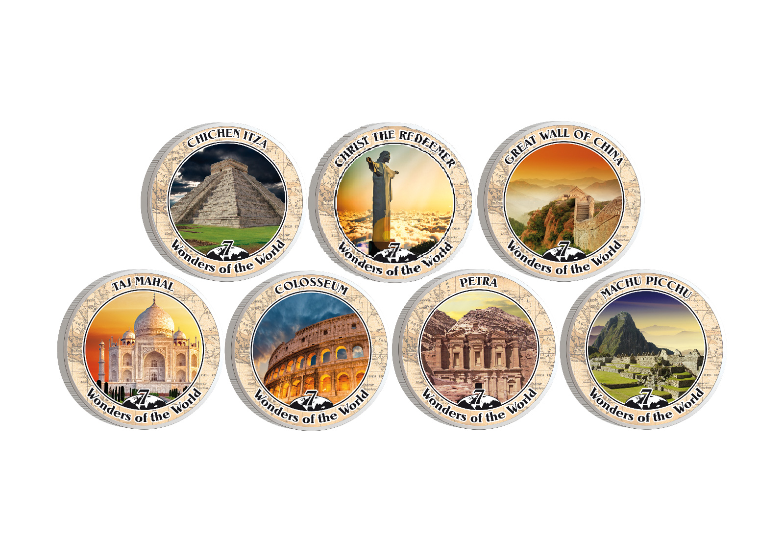 Die 7 neuen Weltwunder 7er Kollektion mit Farbapplikation im Etui