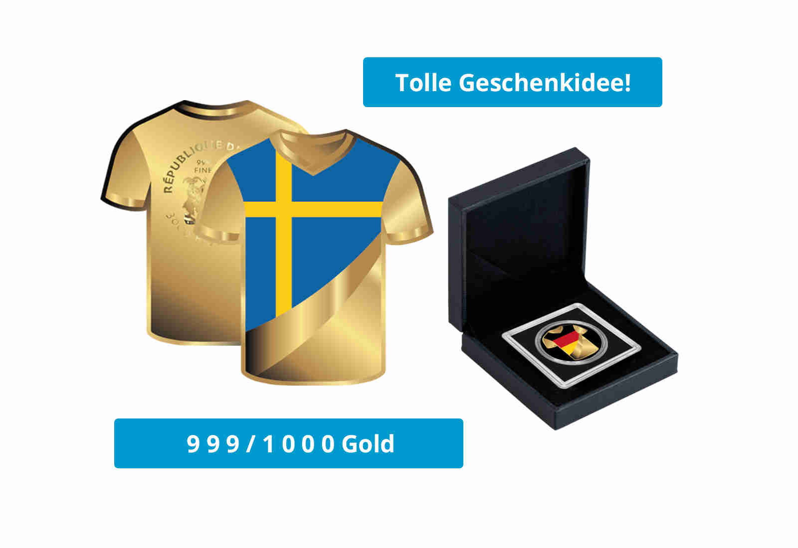 Goldmünze Motiv "Trikot Schweden" 999/1000 Gold im Geschenketui
