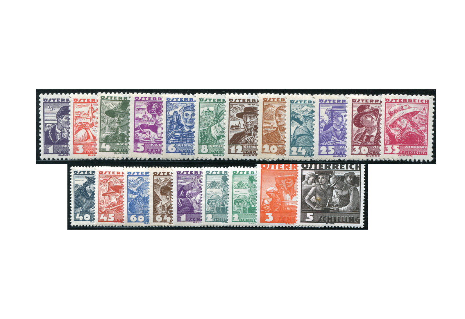 1. Republik Österreich Volkstrachten 1934-1936 Mi.Nr. 567-87 gest.