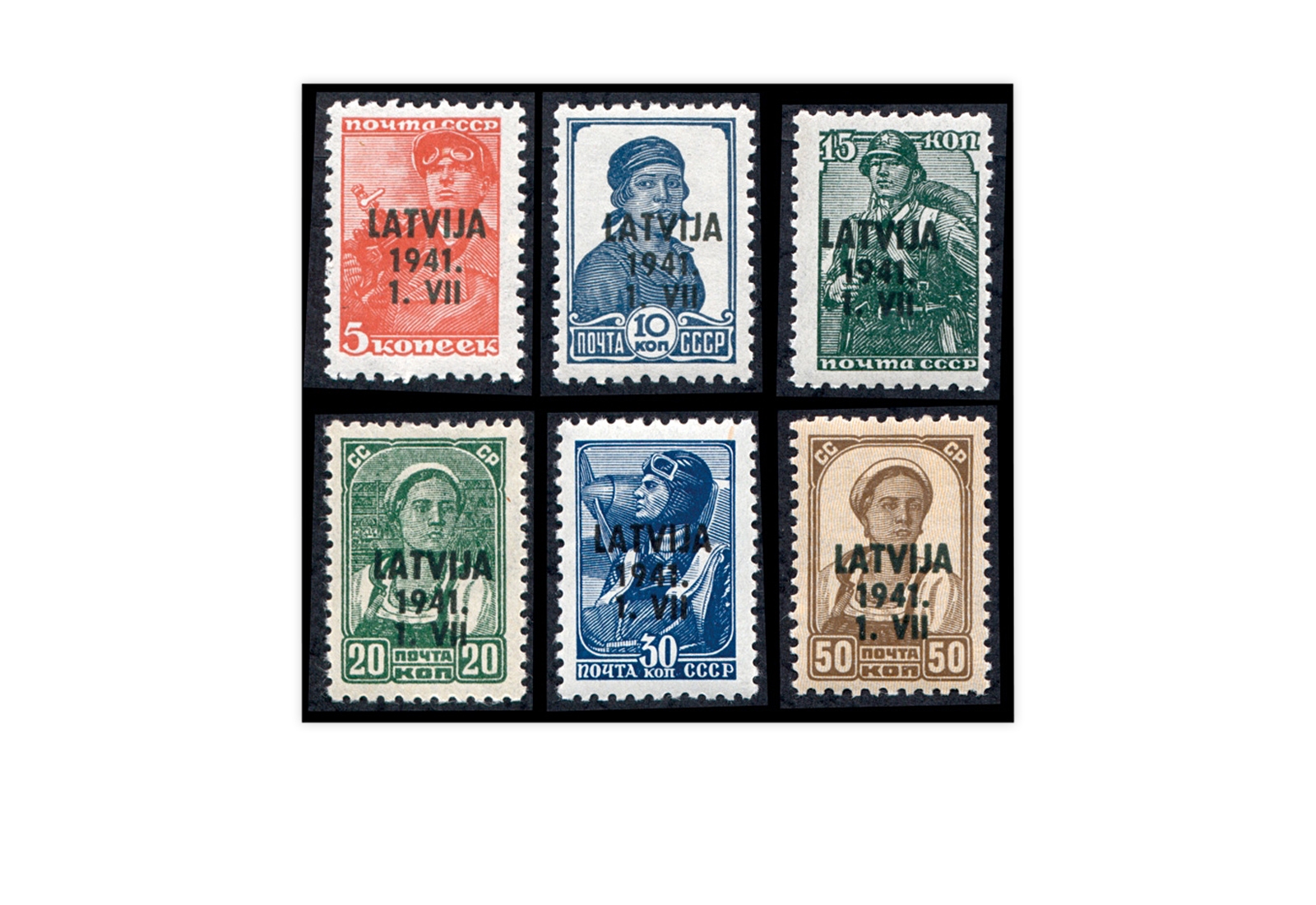 Briefmarken Deutsche Besetzung 2.WK Lettland Freimarken 1941 Michel-Nr. 1-6 postfrisch