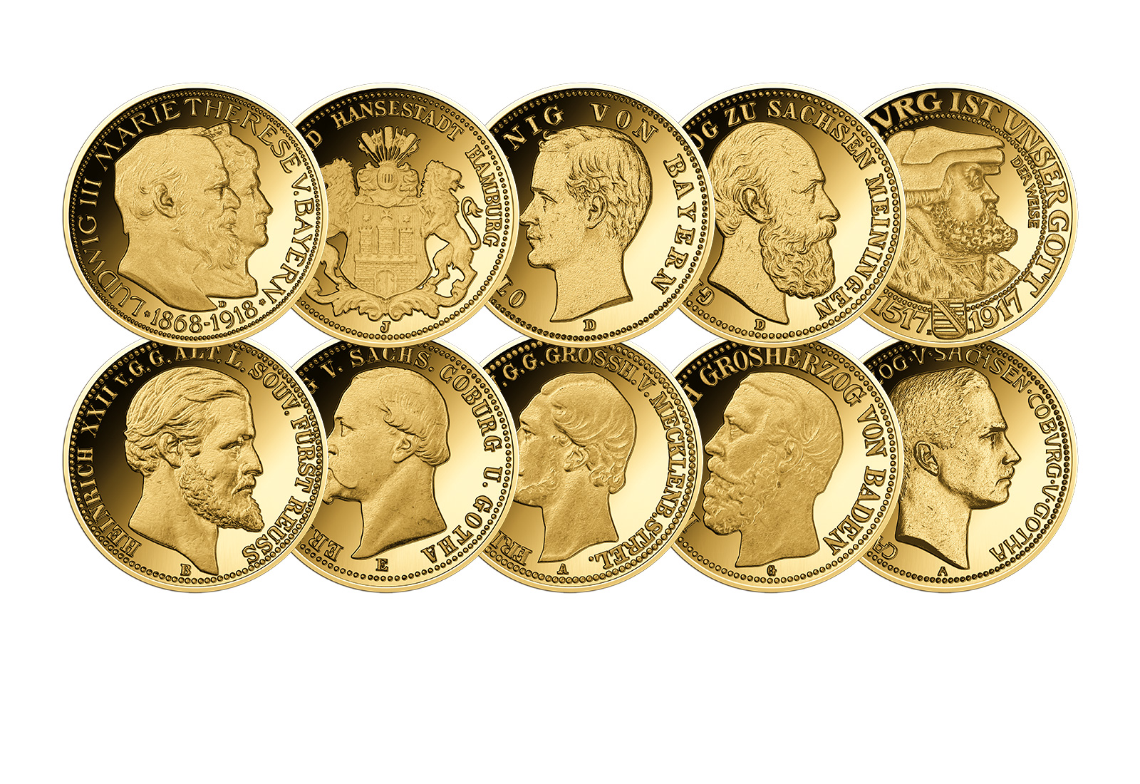 10er-Set Kaiserreich Münz-Prägungen 999er Gold