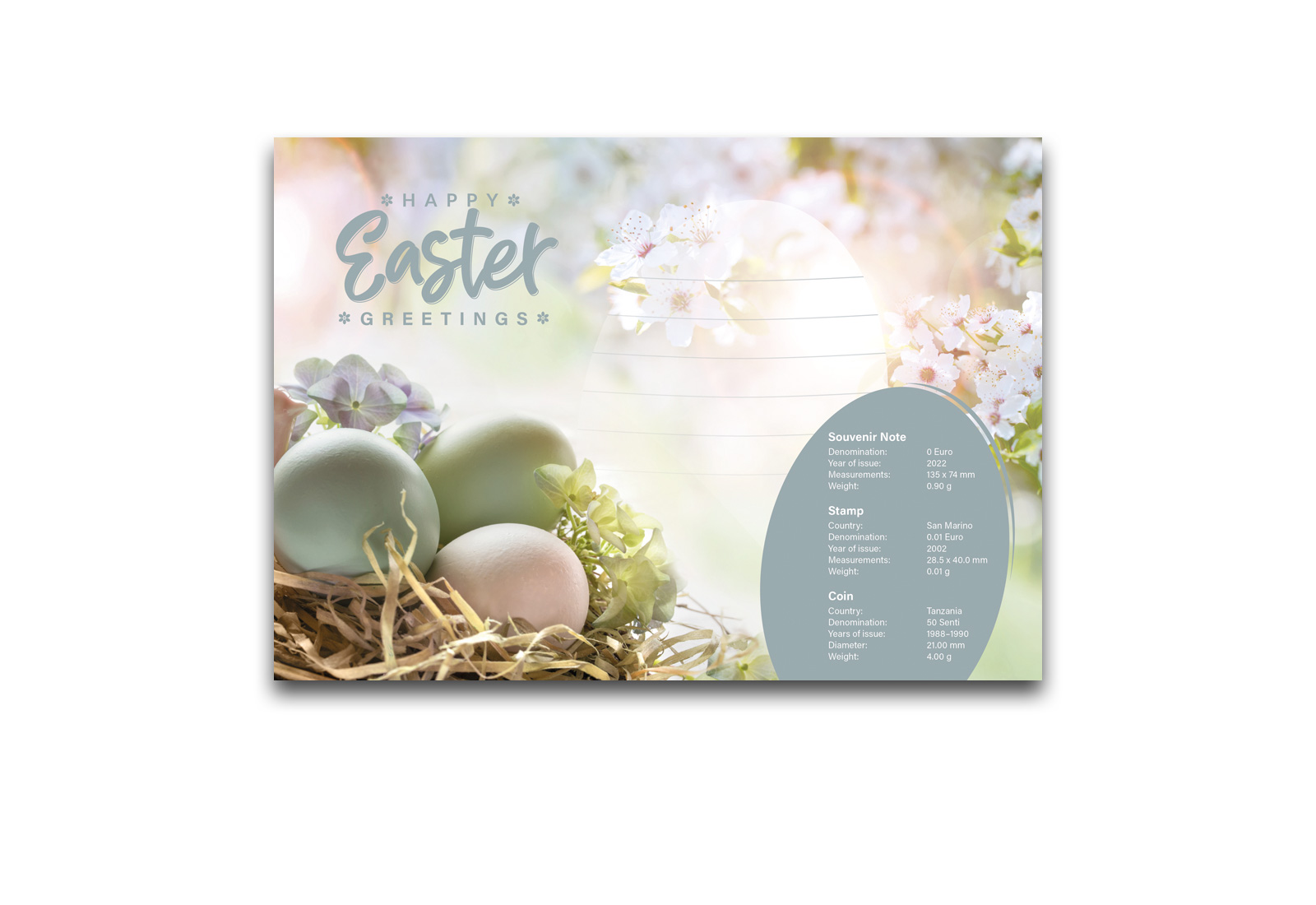 Oster-Blisterkarte inkl. 50 Senti aus Tansania, Banknote und Briefmarke