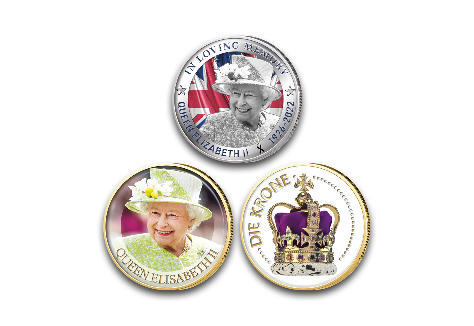 3x 2 Euro Set vergoldet Queen Elizabeth II. mit Farbmotiv