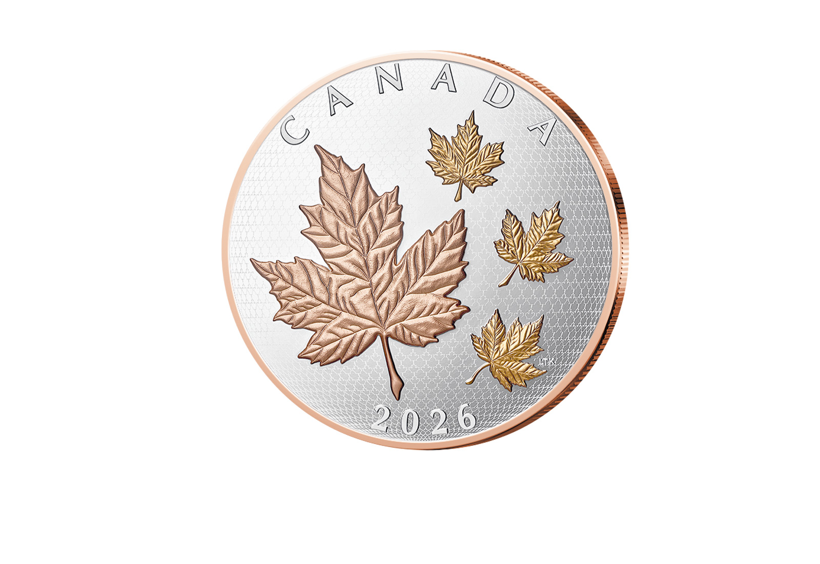 5 oz Silber "Maple Leaf in Motion" 2026 Kanada mit 24-Karat-Rose- und Gelbgoldapplikation