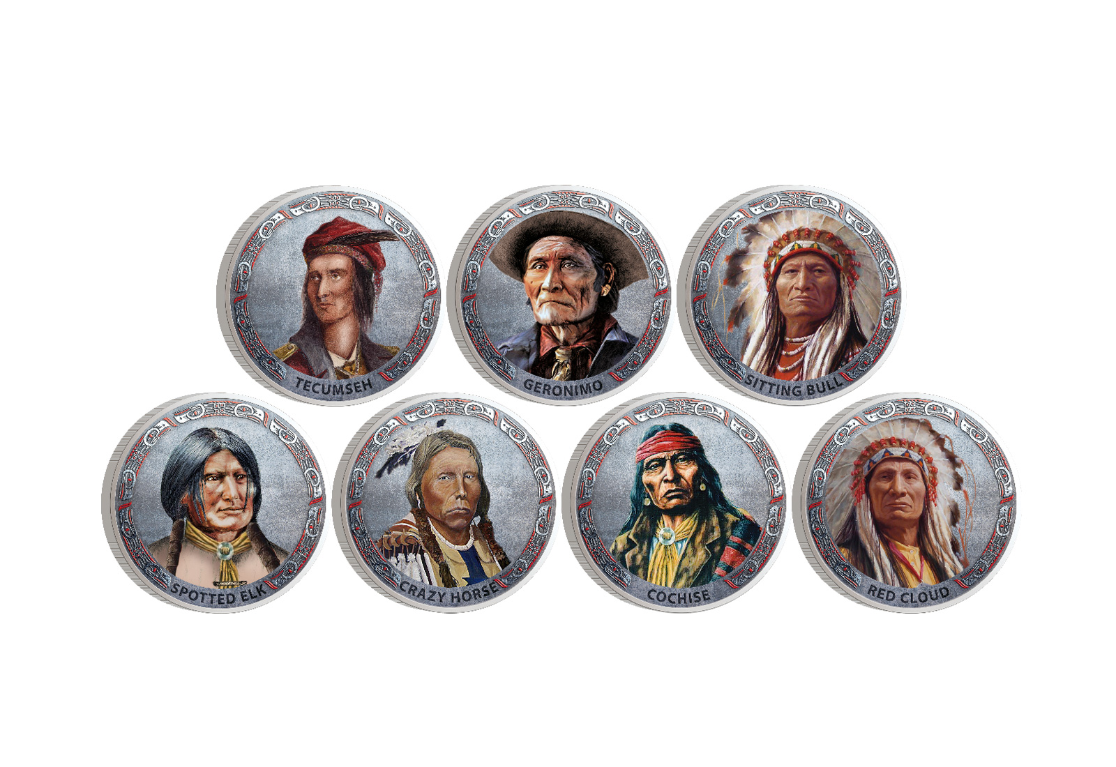 Berühmte Indianerhäuptlinge 7er Kollektion mit Farbapplikation im Etui