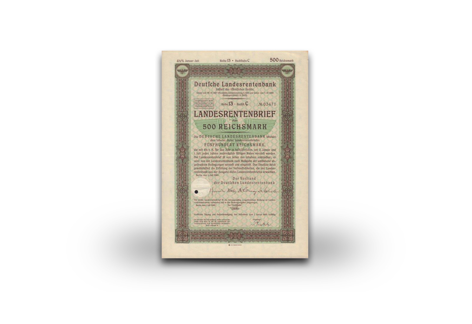 500 Reichsmark Landesrentenbrief mit Hoheitszeichen des Dritten Reiches
