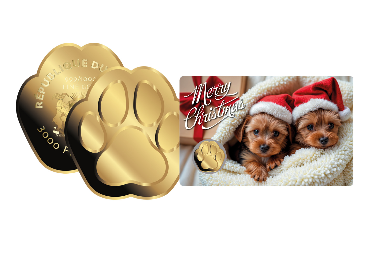 Goldmünze Motiv "Hund mit Weihnachtsmütze" Coincard 999/1000 Gold Geschenk