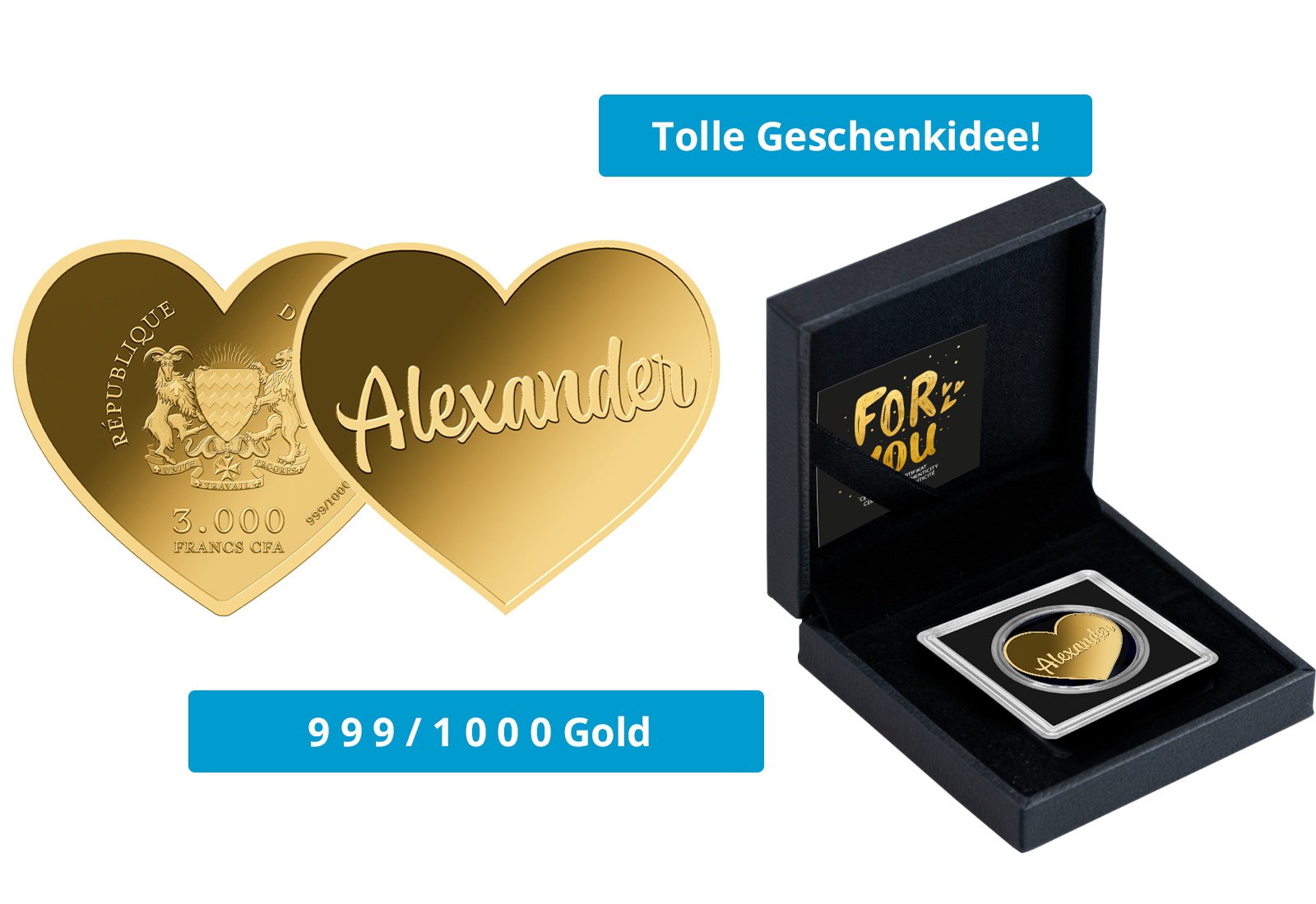 Goldmünze Motiv "Herz Alexander" 999/1000 Gold im Geschenketui