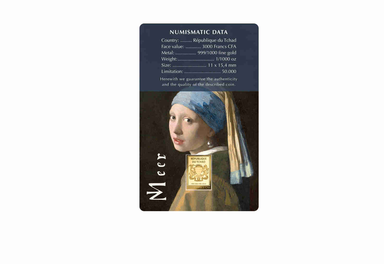 Goldmünze Motiv "Das Mädchen mit dem Perlenohrring - Vermeer" Coincard 999/1000 Gold Geschenk