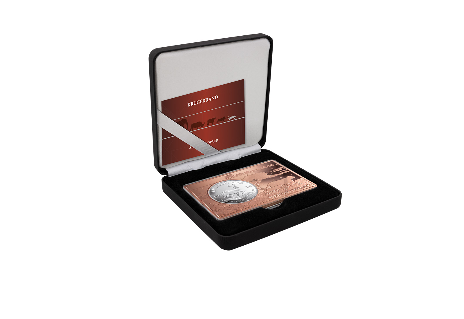 Krügerrand 1 oz Silber 2024 Südafrika eingefasst in einem Barren mit Motiv Leopard
