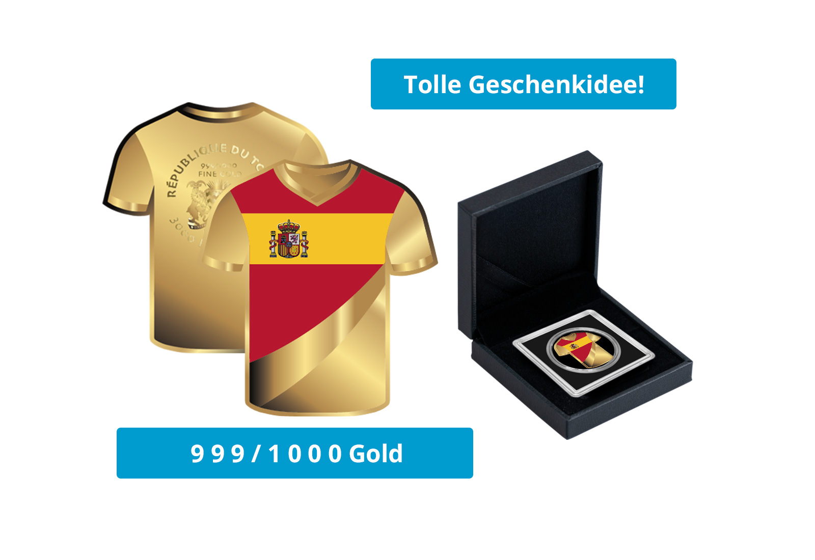 Goldmünze Motiv "Trikot Spanien" 999/1000 Gold im Geschenketui