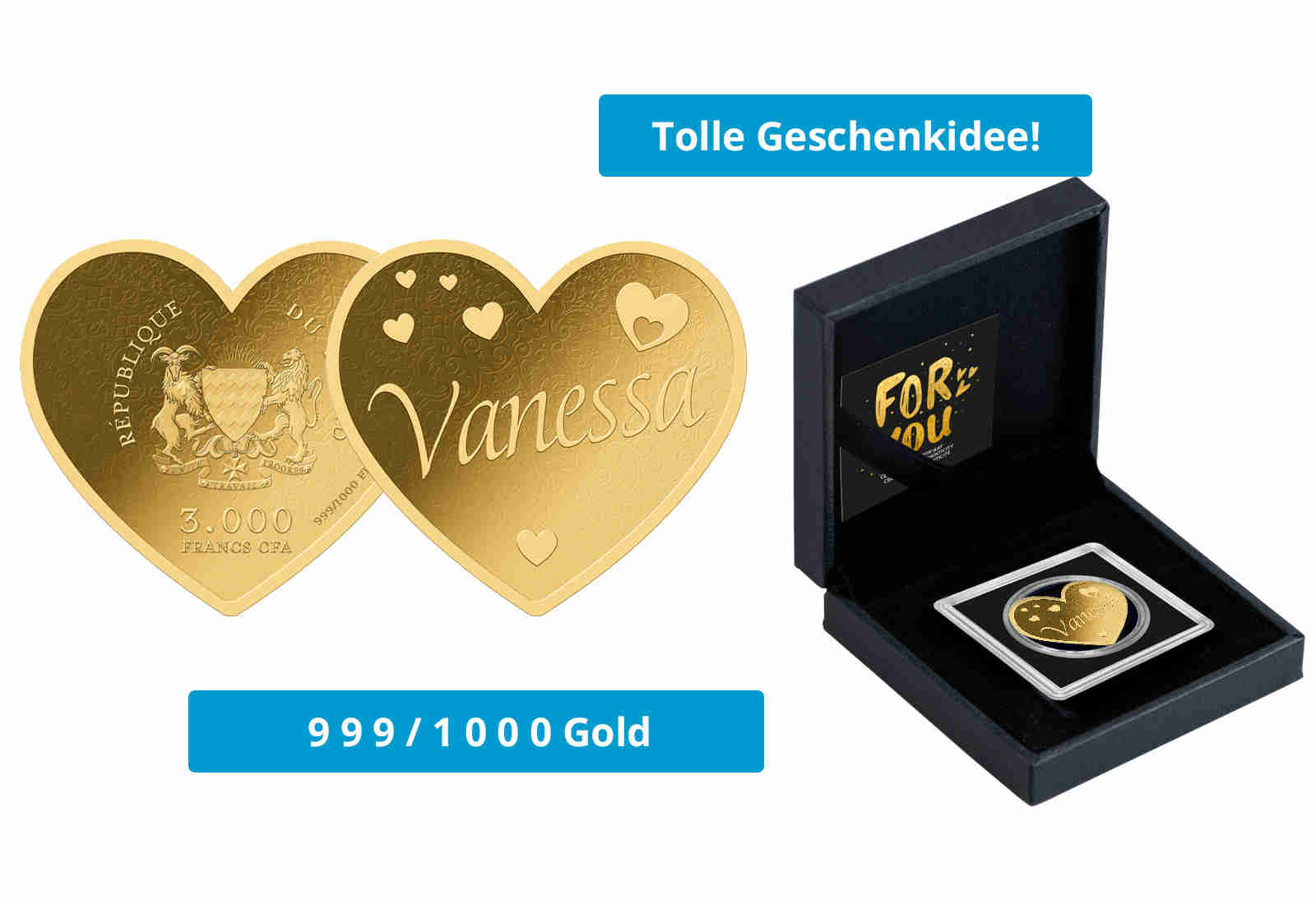 Goldmünze Motiv "Herz Vanessa" 999/1000 Gold im Geschenketui