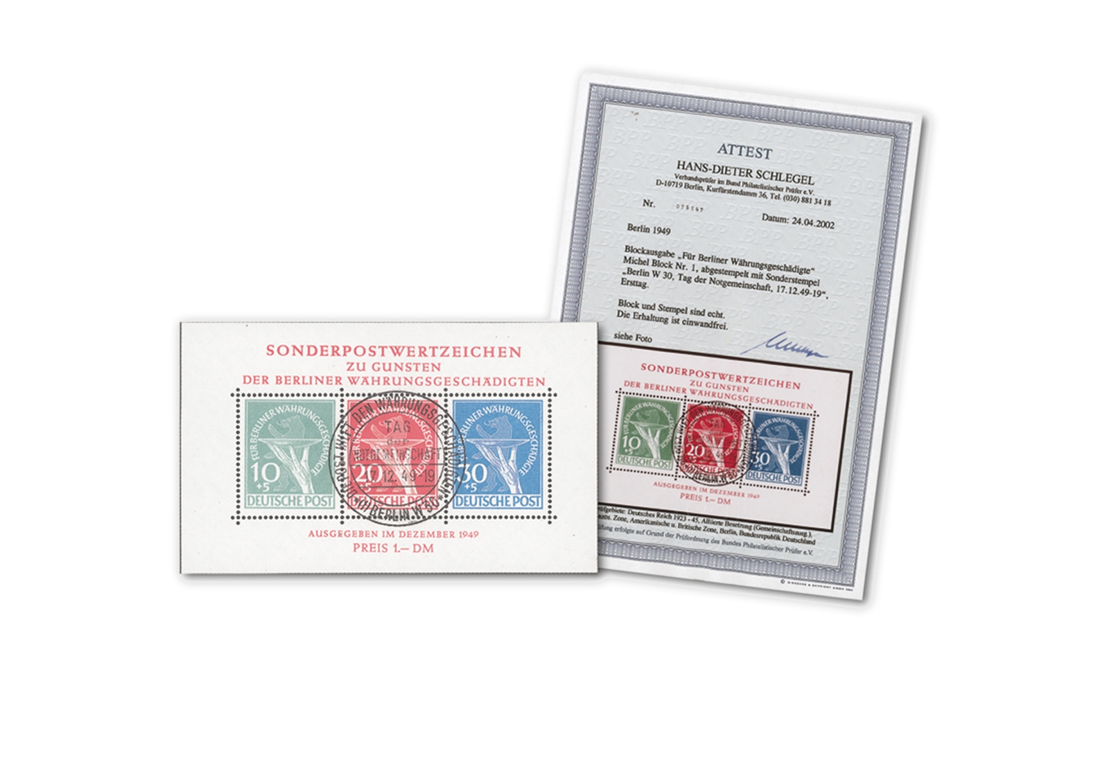 Berlin Block 1 1949 Währungsgeschädigten-Block gestempelt geprüft mit Fotoattest
