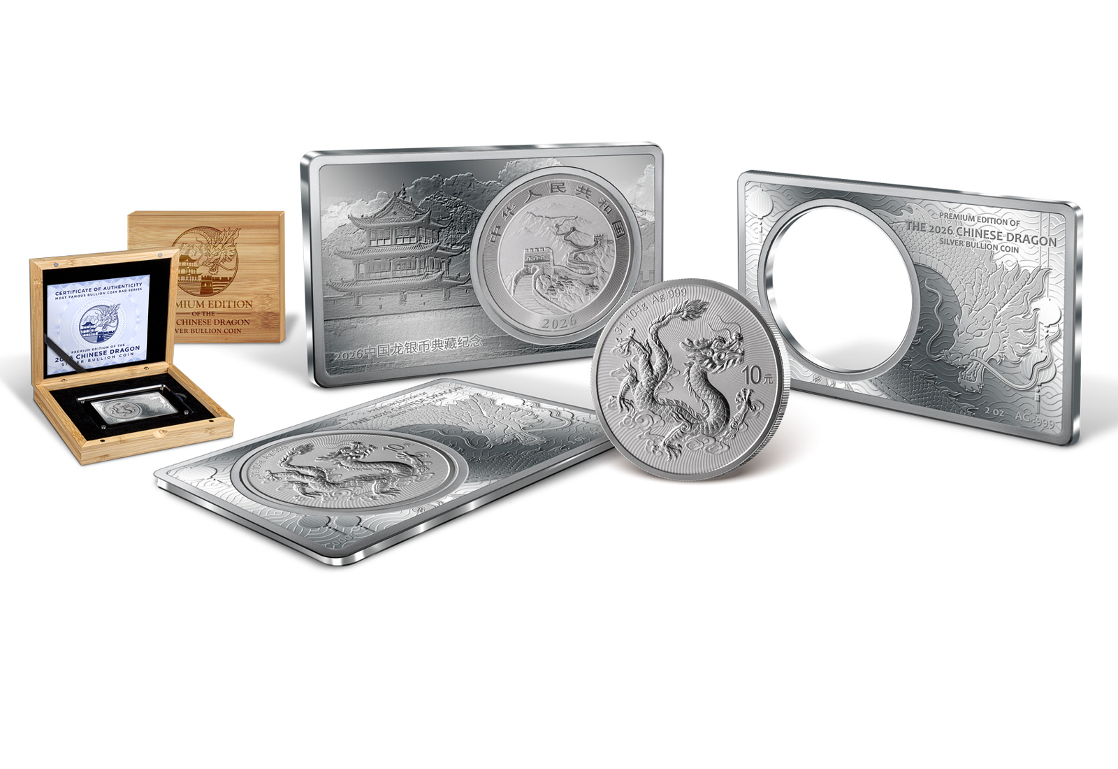 1 oz Silber China Drache 2026 in 2 oz Silberbarren
