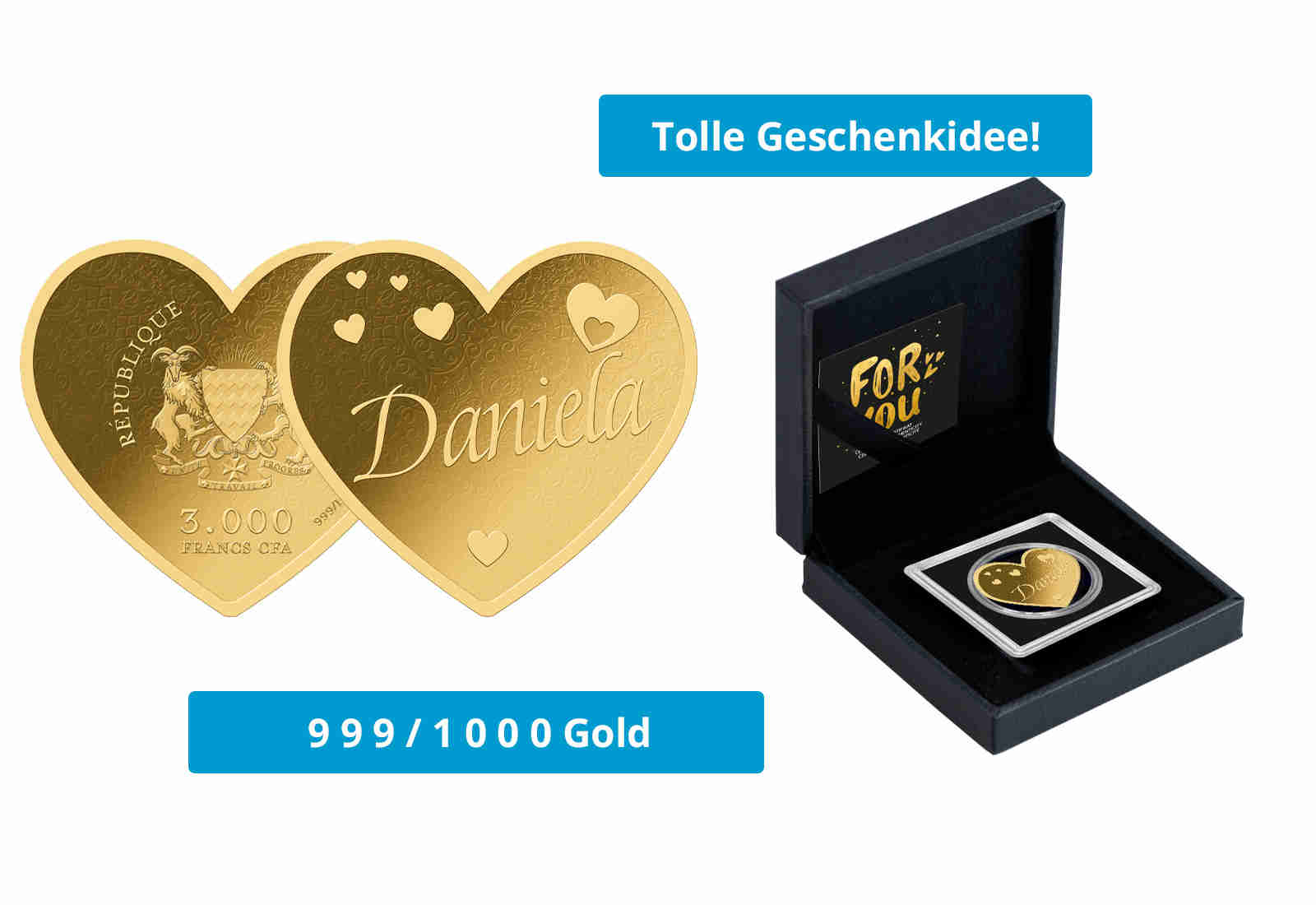 Goldmünze Motiv "Herz Daniela" 999/1000 Gold im Geschenketui