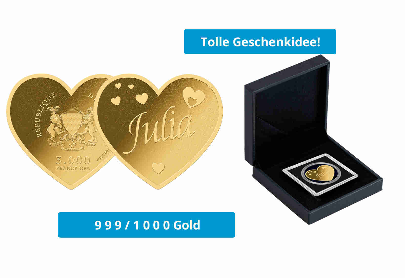 Goldmünze Motiv "Herz Julia" 999/1000 Gold im Geschenketui